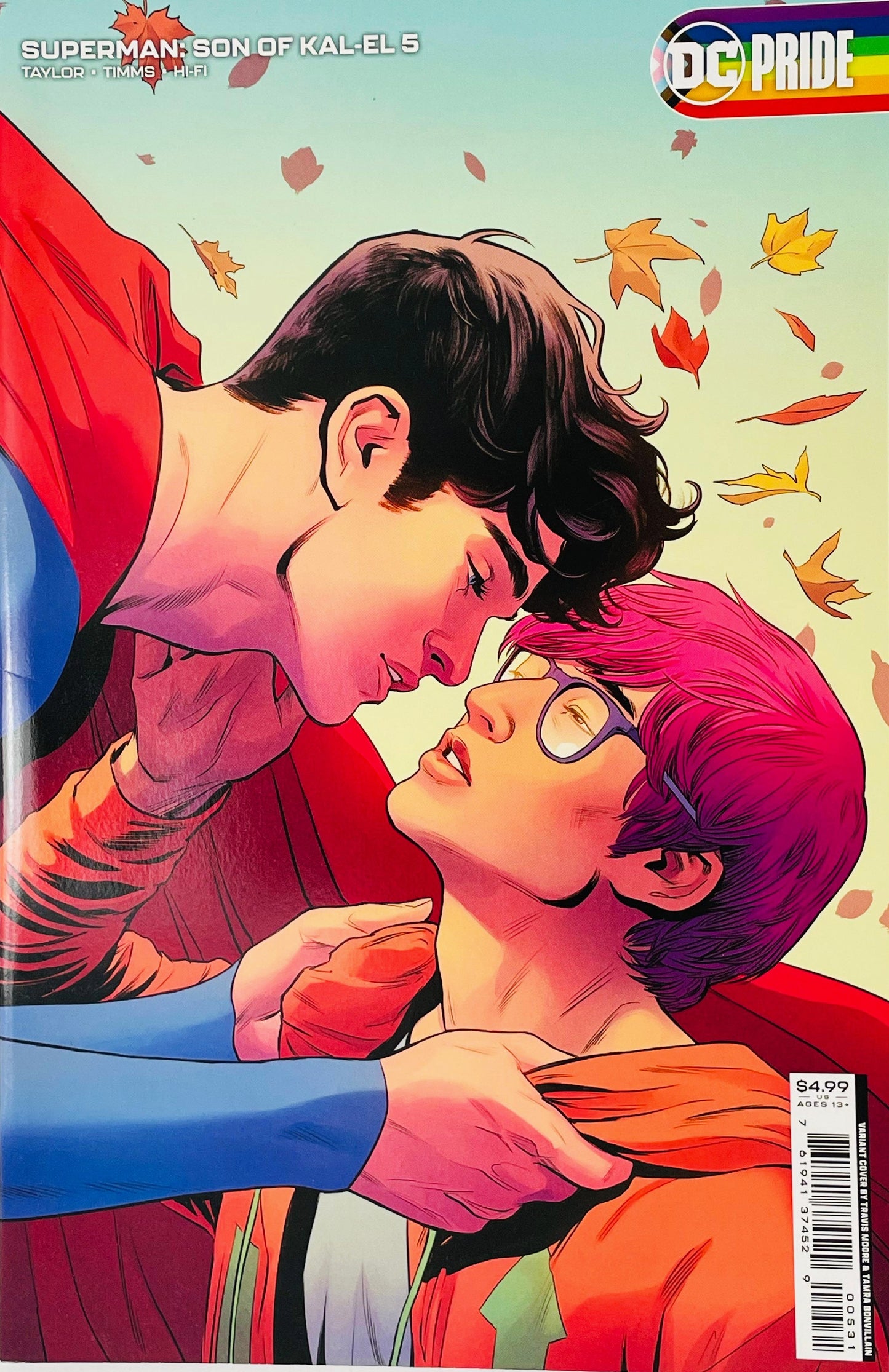 Superman Son of Kal-El issue 5 Pride variant cover by Travis Moore showing an intimate close-up of Jon Kent and Jay Nakamura leaning in together amid falling autumn leaves.