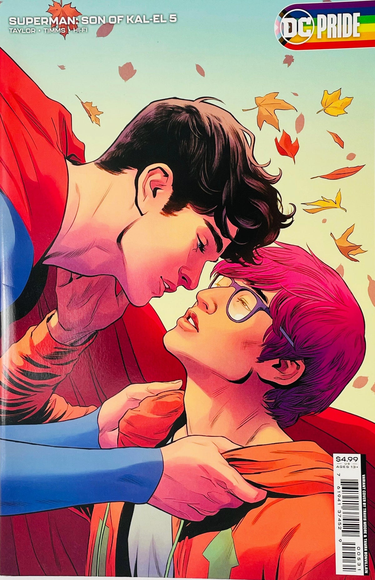 Superman Son of Kal-El issue 5 Pride variant cover by Travis Moore showing an intimate close-up of Jon Kent and Jay Nakamura leaning in together amid falling autumn leaves.