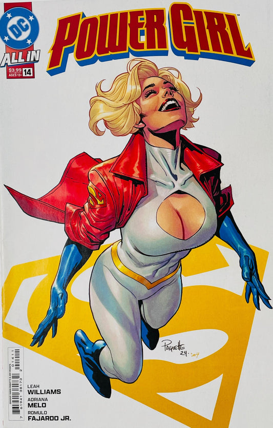 Power Girl issue 14 cover by Yanick Paquette featuring a smiling Power Girl soaring in her white suit and red jacket over a yellow Superman S-shield logo background.