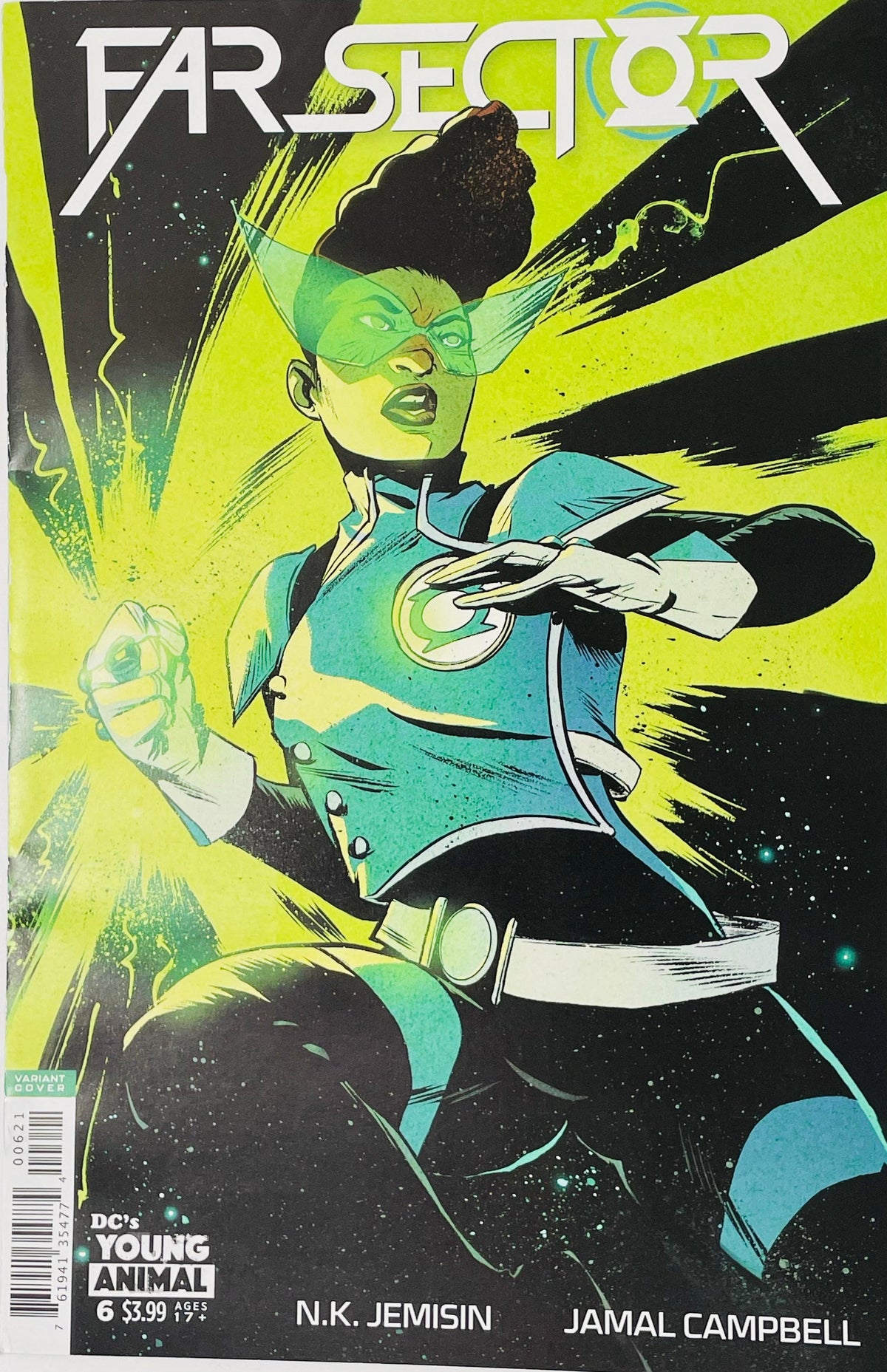 Far Sector issue 6 variant cover by Jamal Campbell featuring Green Lantern Jo Mullein wearing pointed glowing visor glasses charging her ring with green energy.