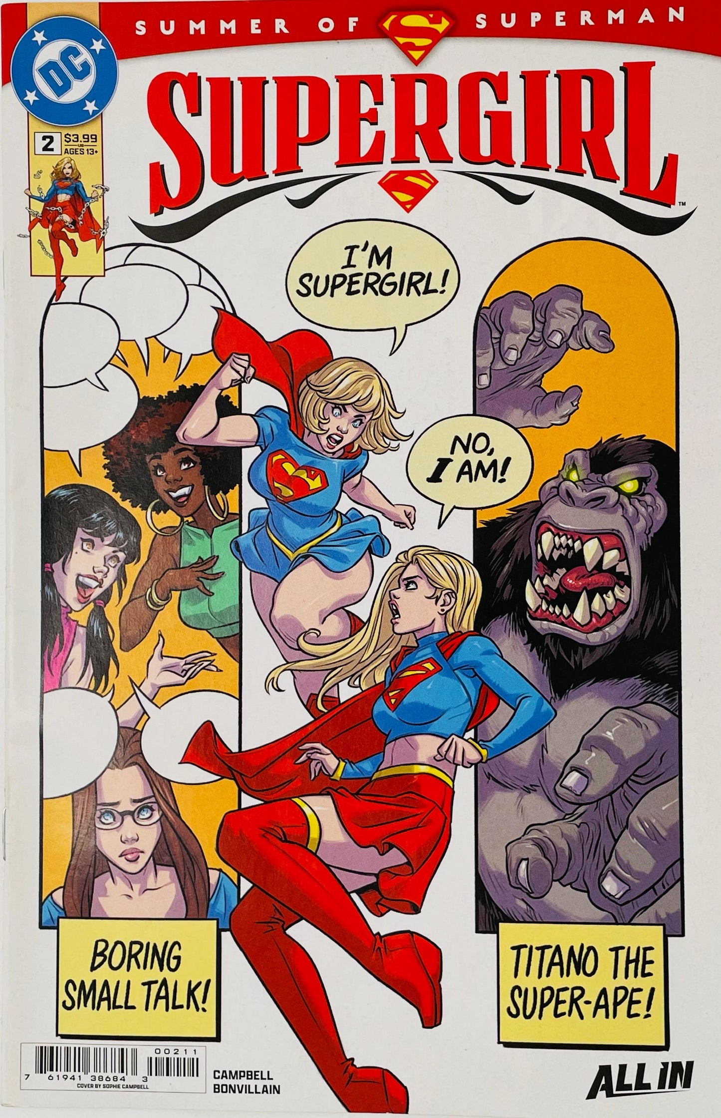 Supergirl issue 2 cover by Sophie Campbell in a retro panel style featuring two versions of Supergirl arguing over who is Supergirl alongside Titano the Super Ape.