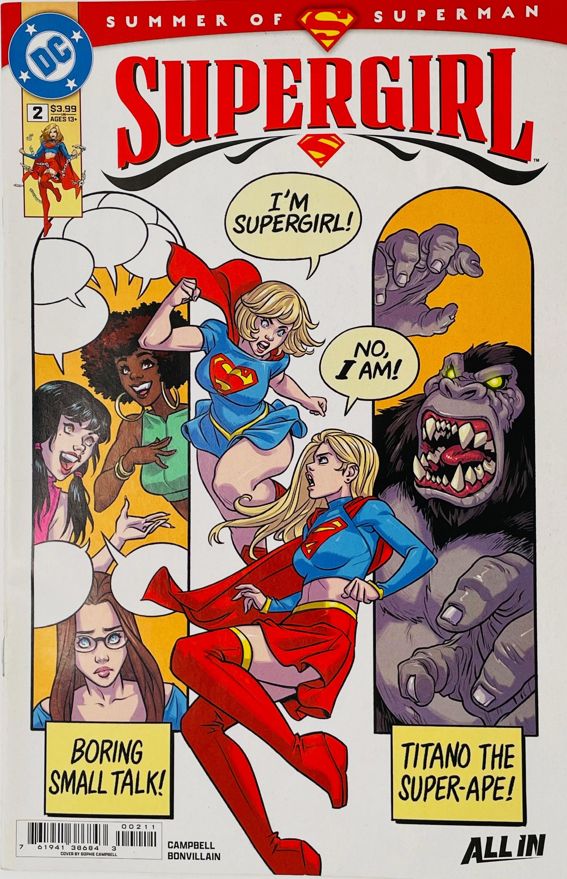 Supergirl issue 2 cover by Sophie Campbell in a retro panel style featuring two versions of Supergirl arguing over who is Supergirl alongside Titano the Super Ape.