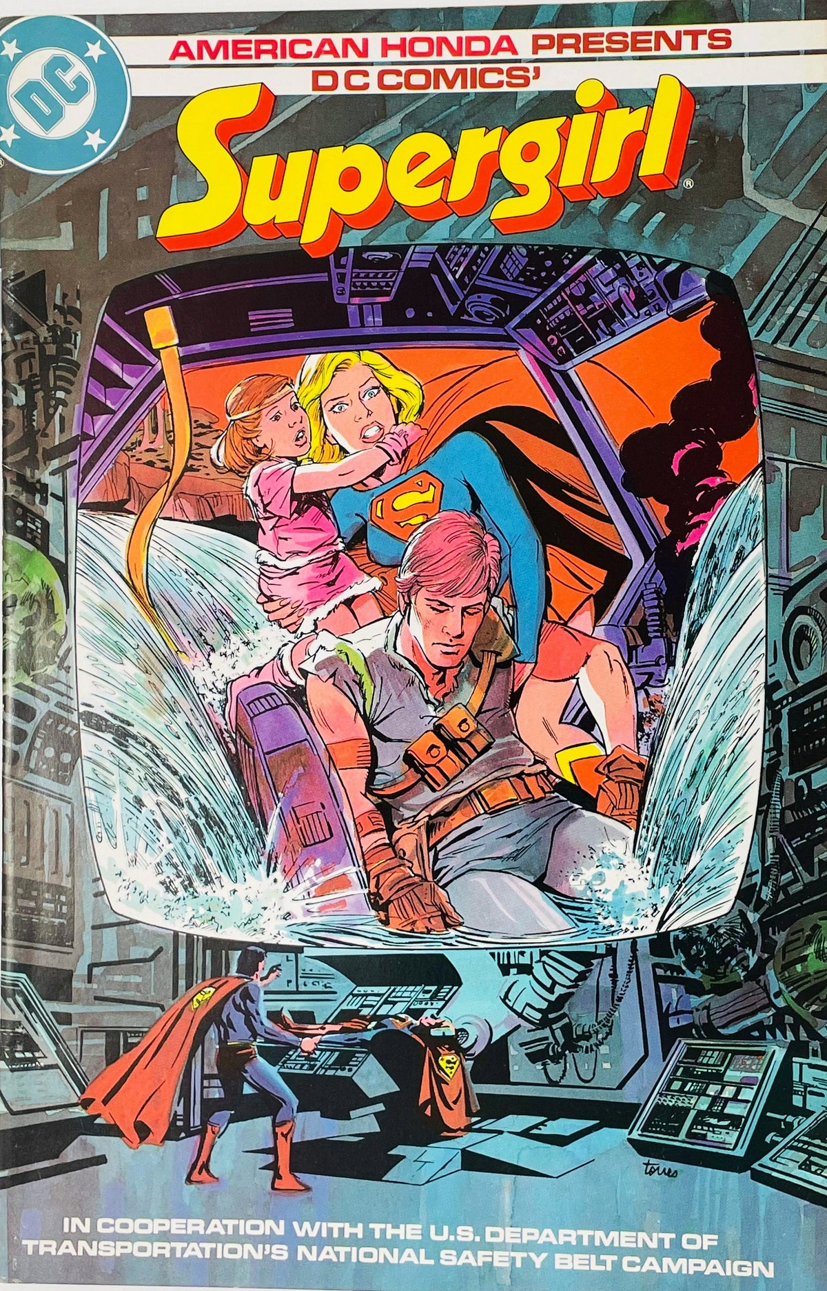 American Honda Presents Supergirl custom promo comic cover featuring Supergirl protecting car passengers in a seat belt crash test simulation with Superman watching from a control console.