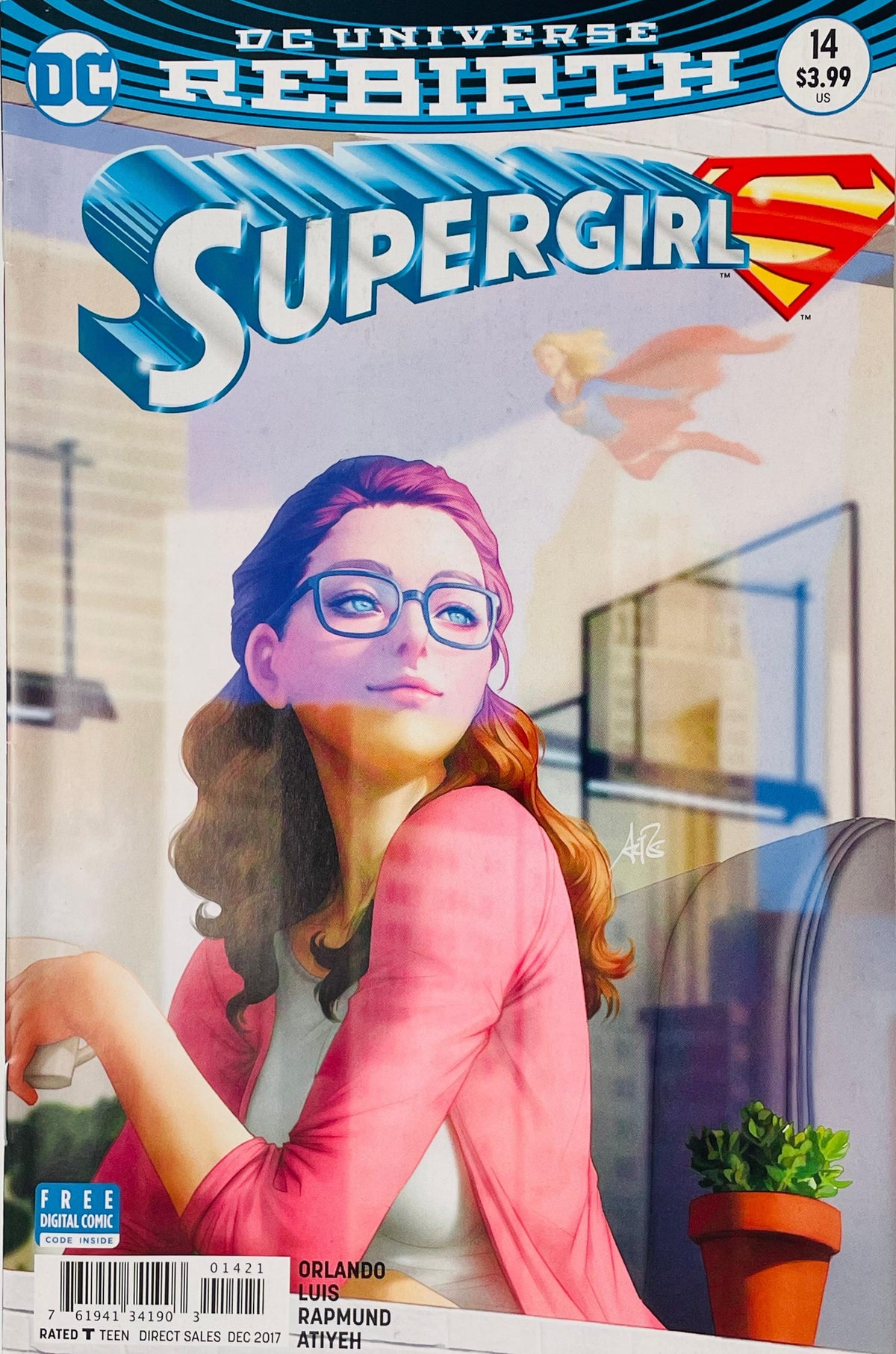 Supergirl issue 14 variant cover by Stanley Artgerm Lau featuring a portrait of Kara Danvers in glasses with a window reflection showing Supergirl flying overhead.
