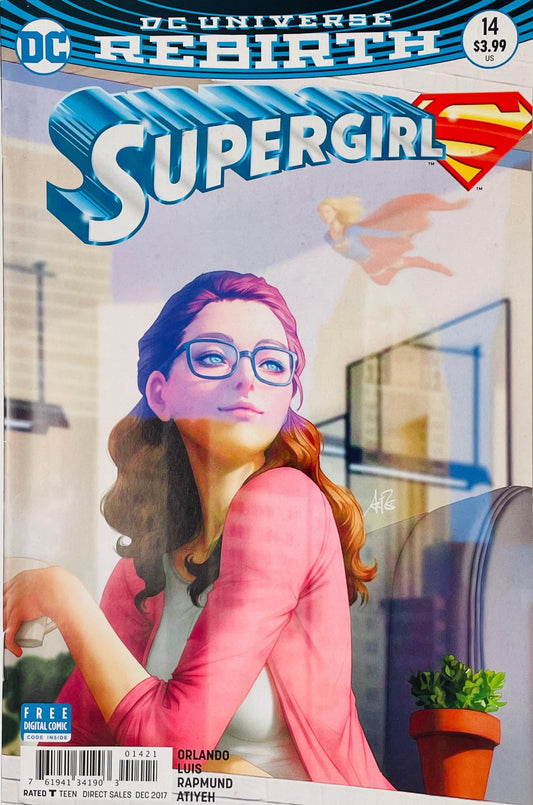 Supergirl issue 14 variant cover by Stanley Artgerm Lau featuring a portrait of Kara Danvers in glasses with a window reflection showing Supergirl flying overhead.