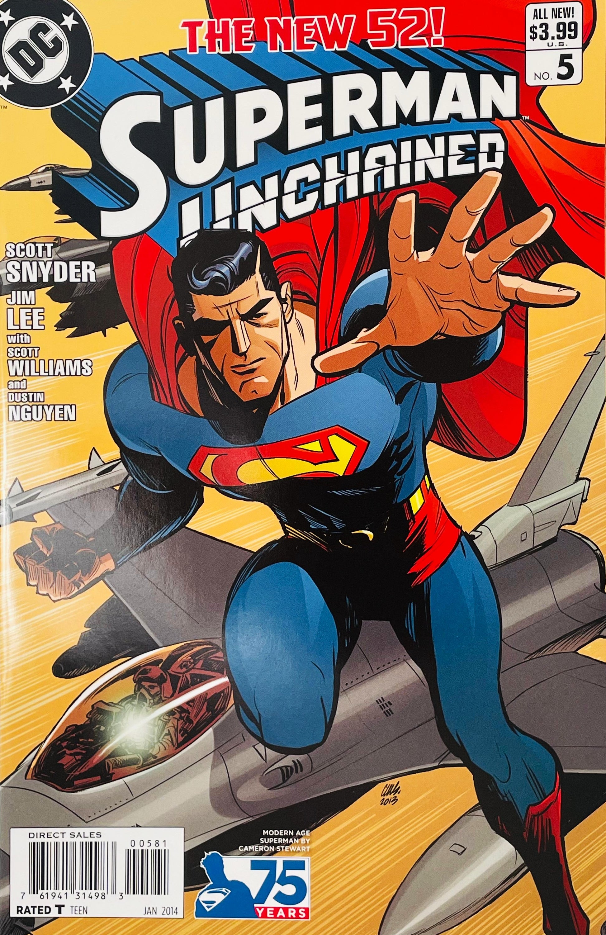 Superman Unchained issue 5 Modern Age variant cover by Cameron Stewart featuring a stylized Superman flying alongside a military jet against a bright yellow background.