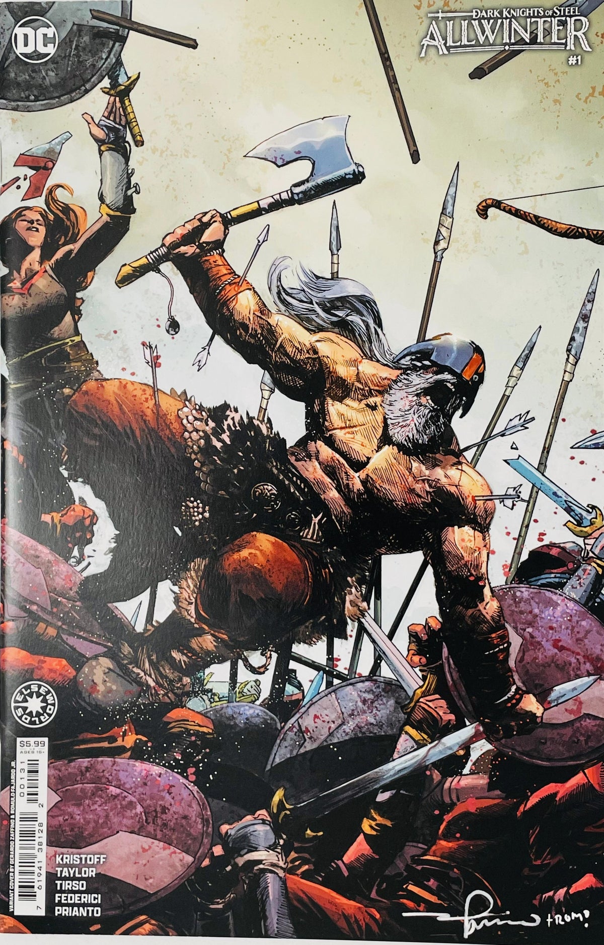 Dark Knights of Steel Allwinter issue 1 variant cover by Gerardo Zaffino showing a battle-scarred warrior Deathstroke swinging a battleaxe in a chaotic Viking melee.