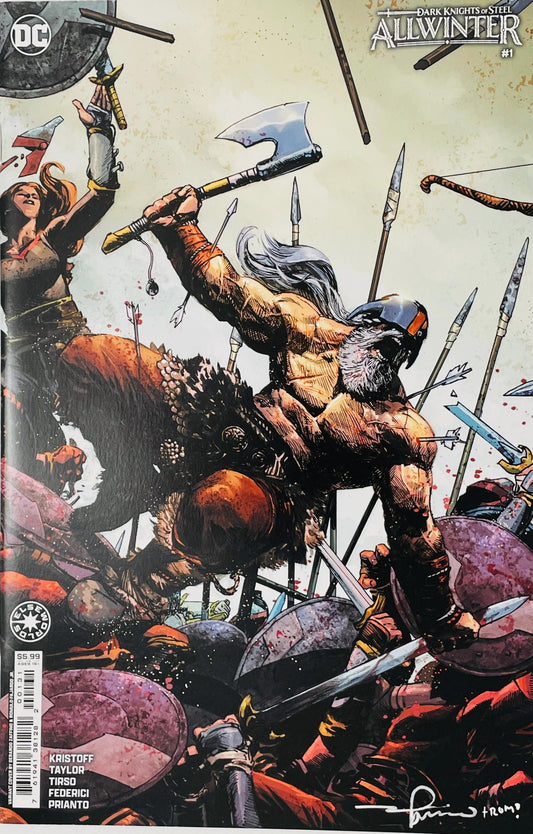Dark Knights of Steel Allwinter issue 1 variant cover by Gerardo Zaffino showing a battle-scarred warrior Deathstroke swinging a battleaxe in a chaotic Viking melee.