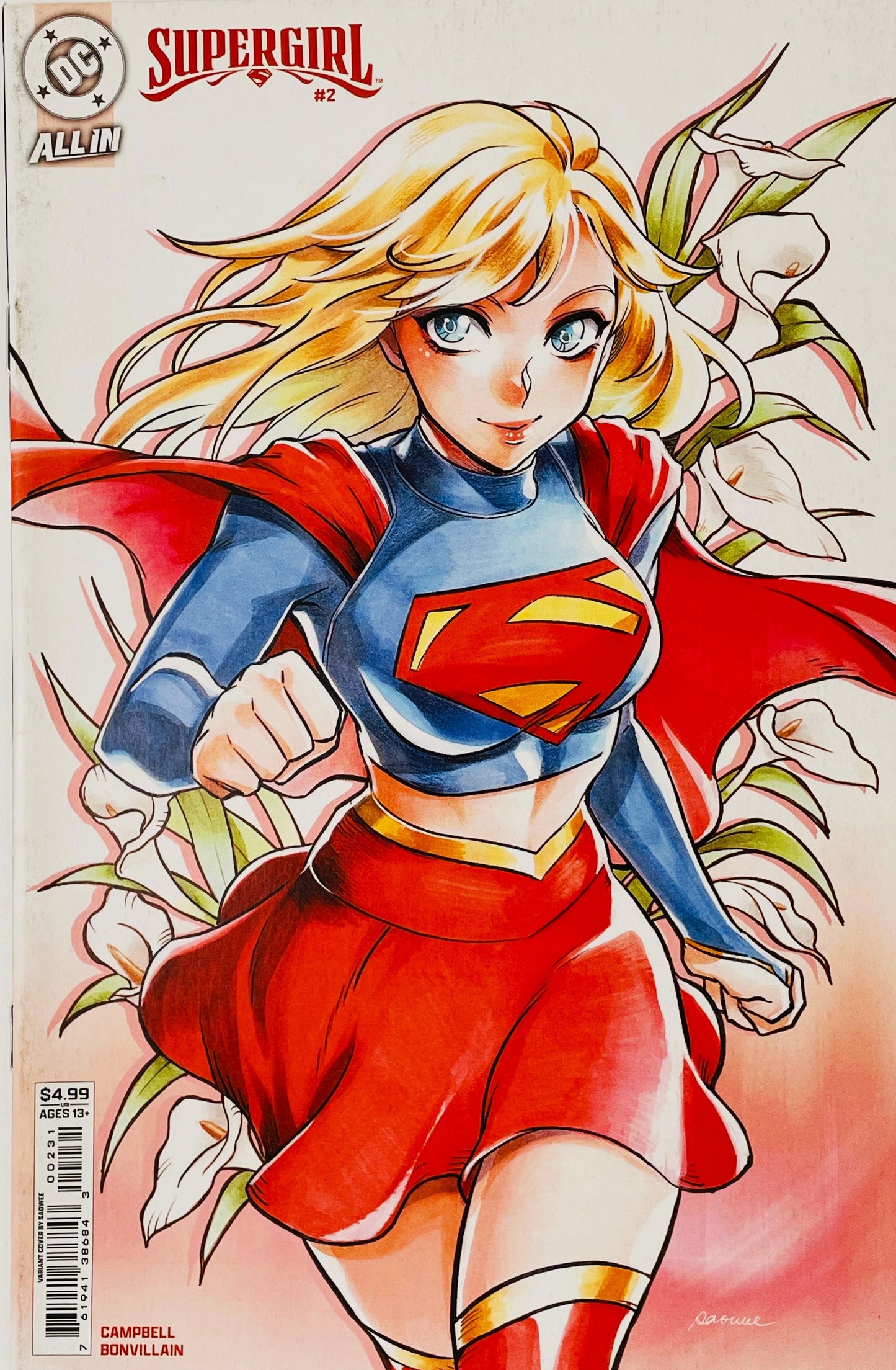 Supergirl issue 2 variant cover by Saowee showing an anime-style Supergirl in mid-flight framed by white calla lilies against a soft pink background.