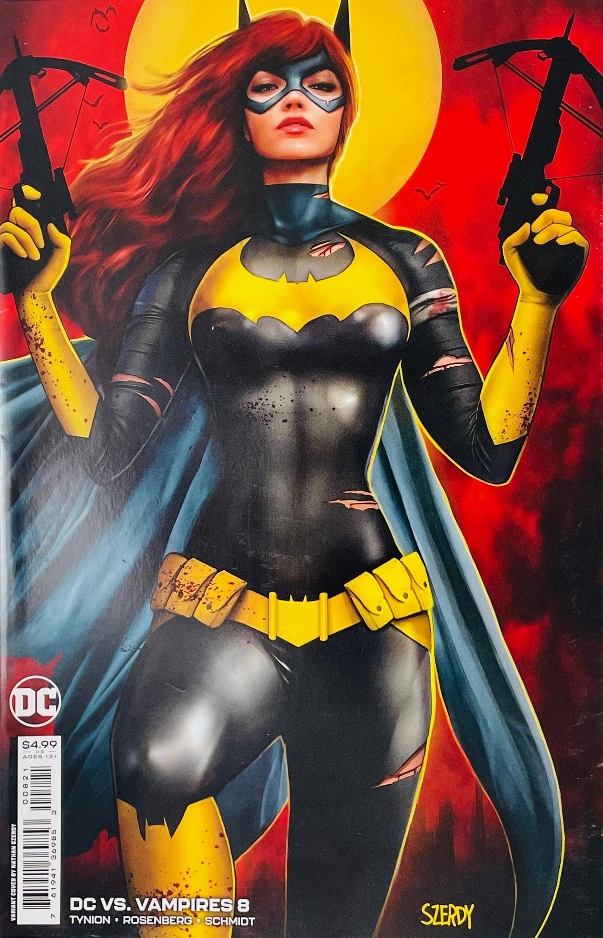 DC Vs Vampires issue 8 variant cover by Nathan Szerdy featuring a battle-damaged Batgirl holding dual crossbows against a glowing red moon.