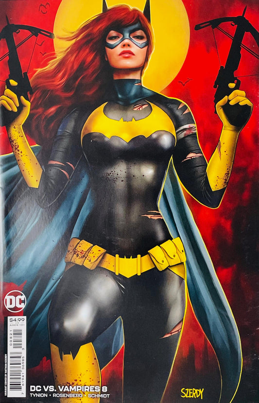 DC Vs Vampires issue 8 variant cover by Nathan Szerdy featuring a battle-damaged Batgirl holding dual crossbows against a glowing red moon.