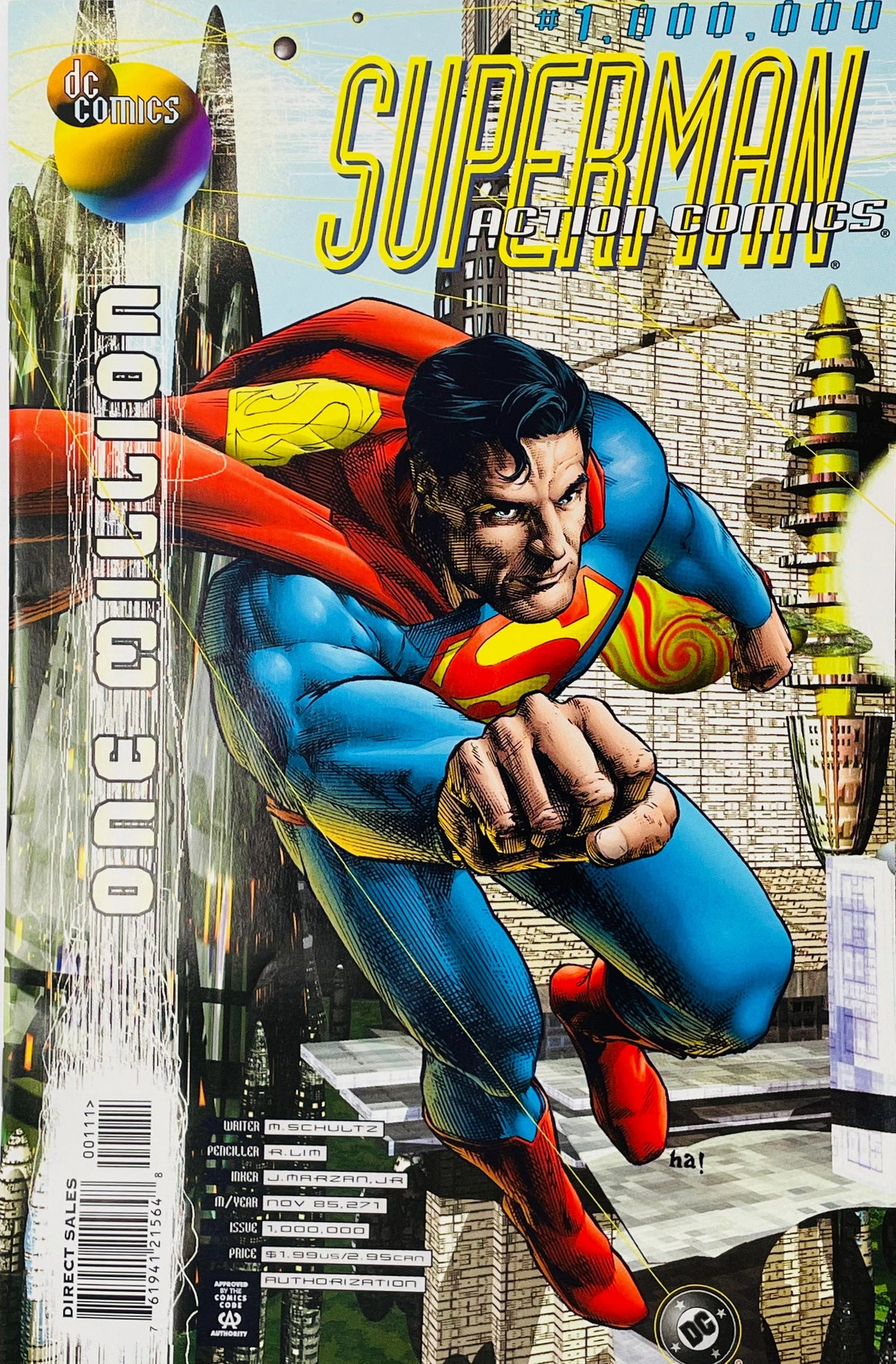 Superman Action Comics issue 1,000,000 cover by Ron Lim showing Superman flying at super speed towards the viewer over a futuristic futuristic city.