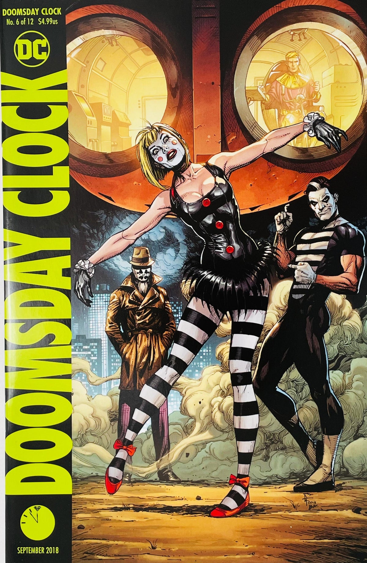 Doomsday Clock issue 6 cover by Gary Frank featuring Marionette and Mime posing in mime outfits with Rorschach standing behind them under giant Owlship lenses.