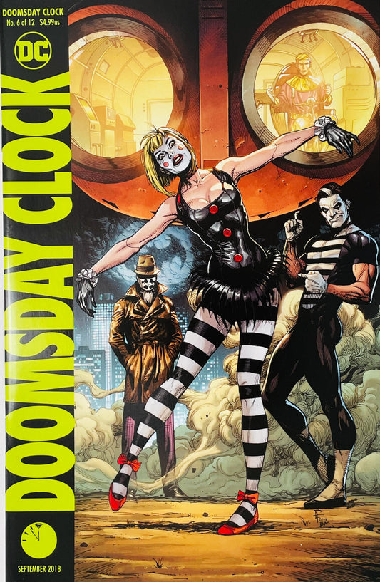 Doomsday Clock issue 6 cover by Gary Frank featuring Marionette and Mime posing in mime outfits with Rorschach standing behind them under giant Owlship lenses.