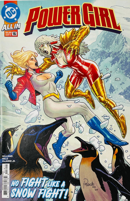 Power Girl issue 16 Cover A by Yanick Paquette featuring Power Girl fighting a golden-armored villain mid-air over snow and penguins.