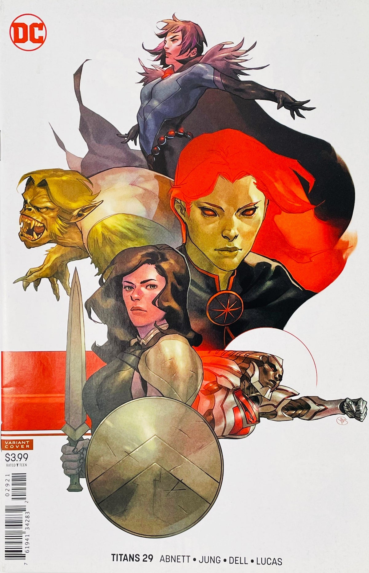 Titans issue 29 variant cover by Yasmmin Flores Montanez featuring Donna Troy with sword and shield alongside Raven, Beast Boy, Miss Martian, and Steel.