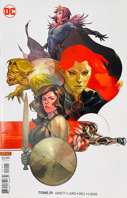 Titans issue 29 variant cover by Yasmmin Flores Montanez featuring Donna Troy with sword and shield alongside Raven, Beast Boy, Miss Martian, and Steel.