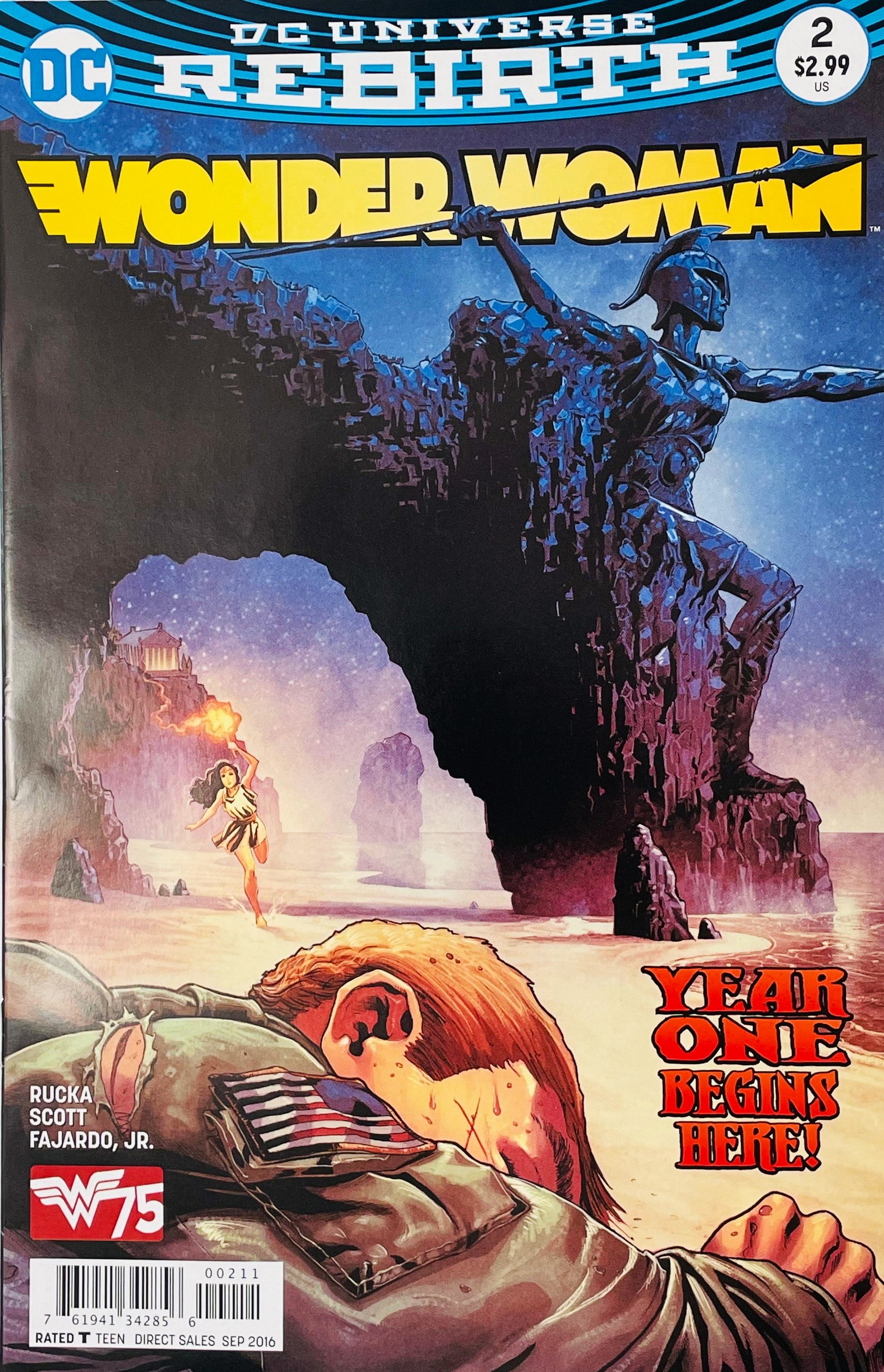 Wonder Woman issue 2 cover by Nicola Scott showing Steve Trevor washed up on a beach while young Diana runs with a torch under a cliff statue.