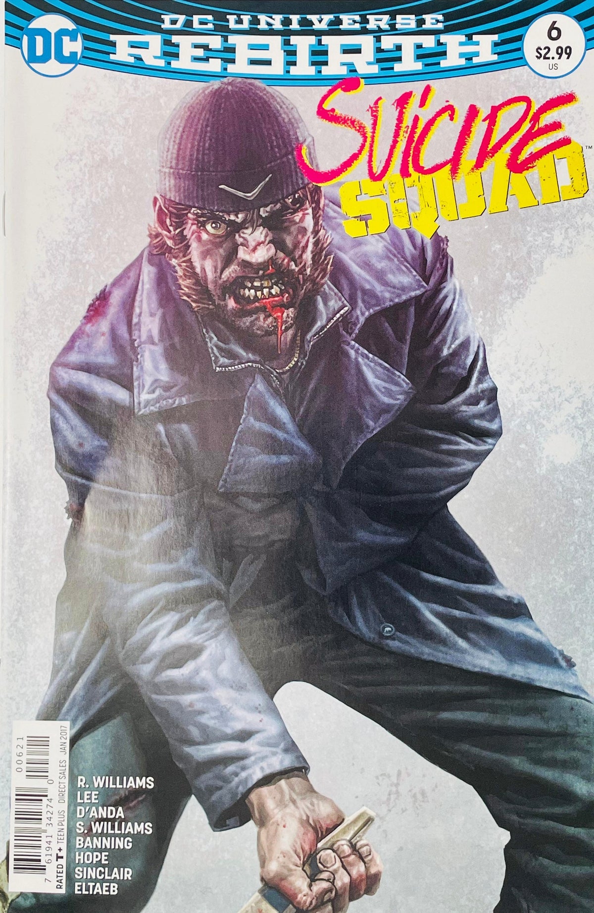 Suicide Squad issue 6 variant cover by Lee Bermejo featuring a realistic, bloody Captain Boomerang crouching in a trench coat while holding a boomerang.