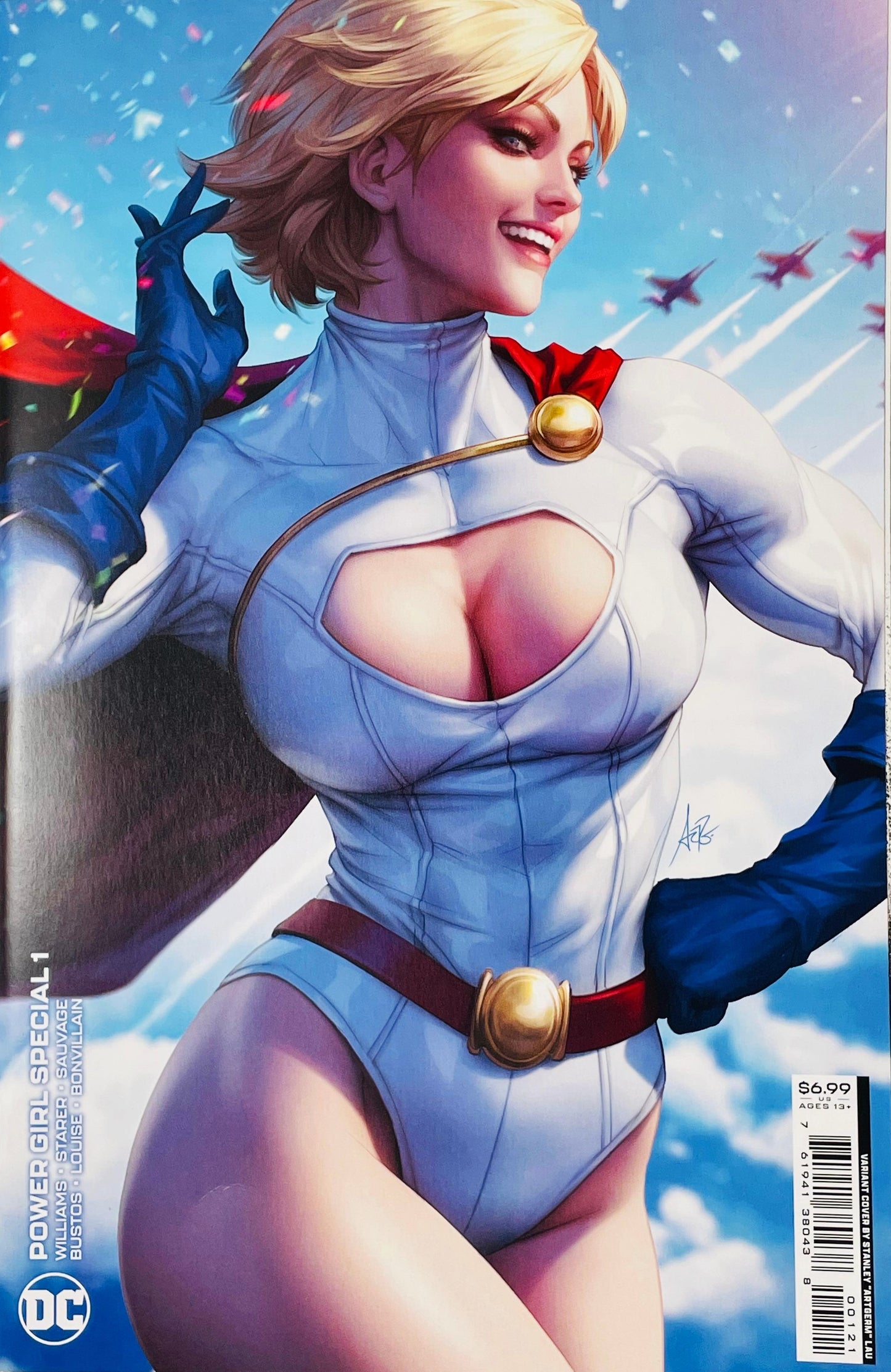 Power Girl Special issue 1 variant cover by Stanley Artgerm Lau featuring Power Girl smiling in her white costume against a bright blue sky with jet planes.