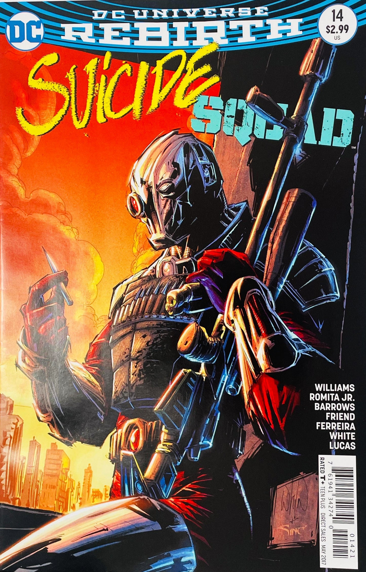 Suicide Squad issue 14 cover by John Romita Jr. featuring Deadshot holding a sniper rifle and a bullet against a orange sunset over a burning city.