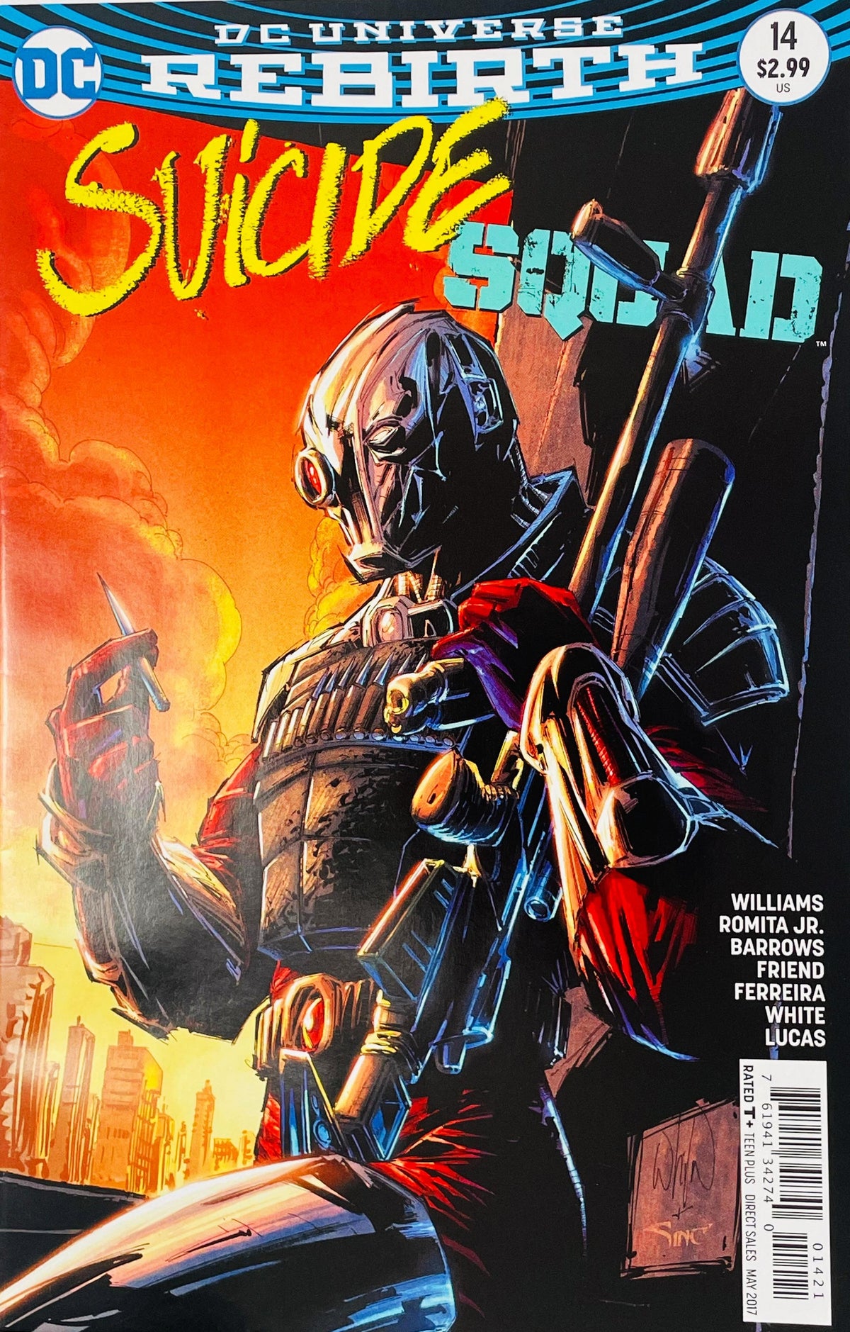 Suicide Squad issue 14 cover by John Romita Jr. featuring Deadshot holding a sniper rifle and a bullet against a orange sunset over a burning city.