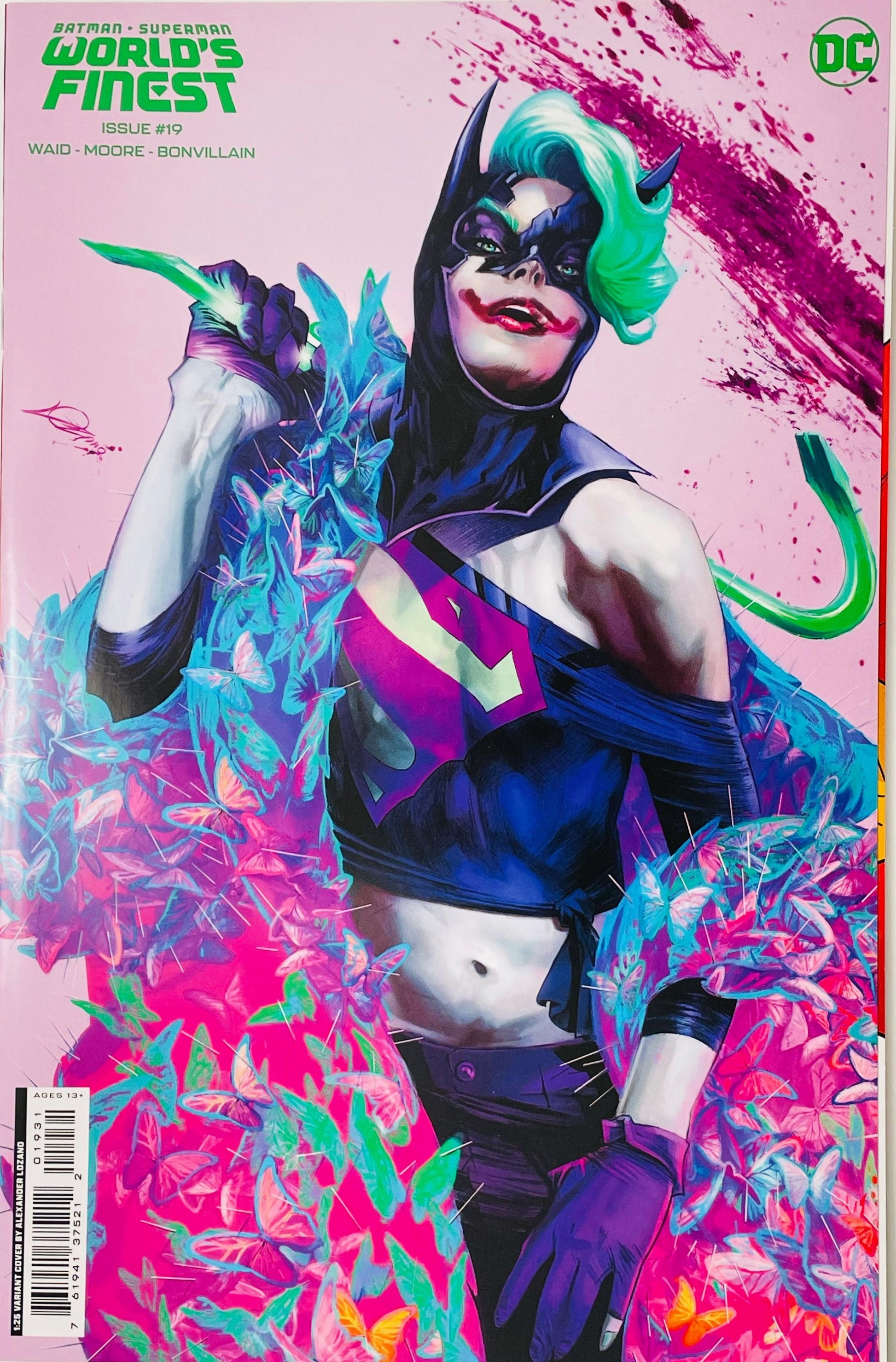 Batman Superman World's Finest issue 19 1:25 variant cover by Alexander Lozano featuring a Jokerized Supergirl with green hair, a cowl, and neon butterflies.