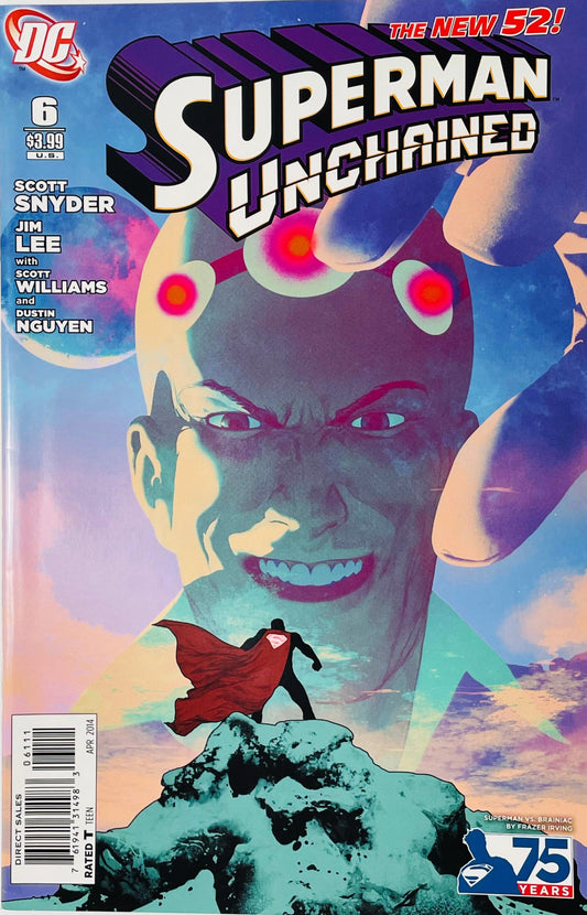 Superman Unchained issue 6 variant cover by Frazer Irving showing a small silhouette of Superman facing a giant glowing Brainiac head in the sky.