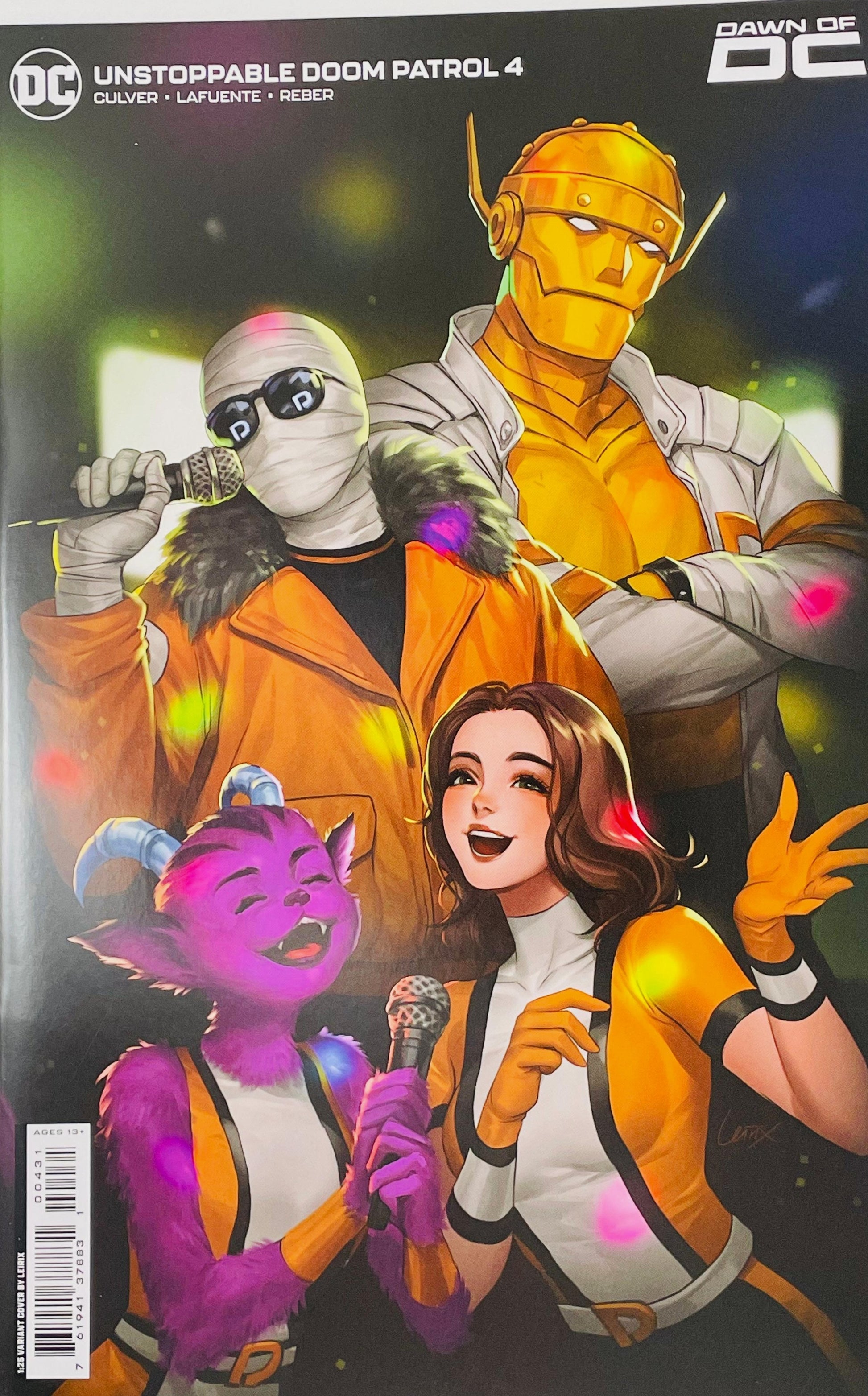Unstoppable Doom Patrol issue 4 1:25 variant cover by Leirix showing Negative Man singing karaoke with Robotman, Elasti-Woman, and Beast Girl.