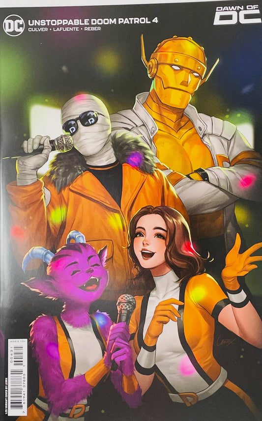 Unstoppable Doom Patrol issue 4 1:25 variant cover by Leirix showing Negative Man singing karaoke with Robotman, Elasti-Woman, and Beast Girl.