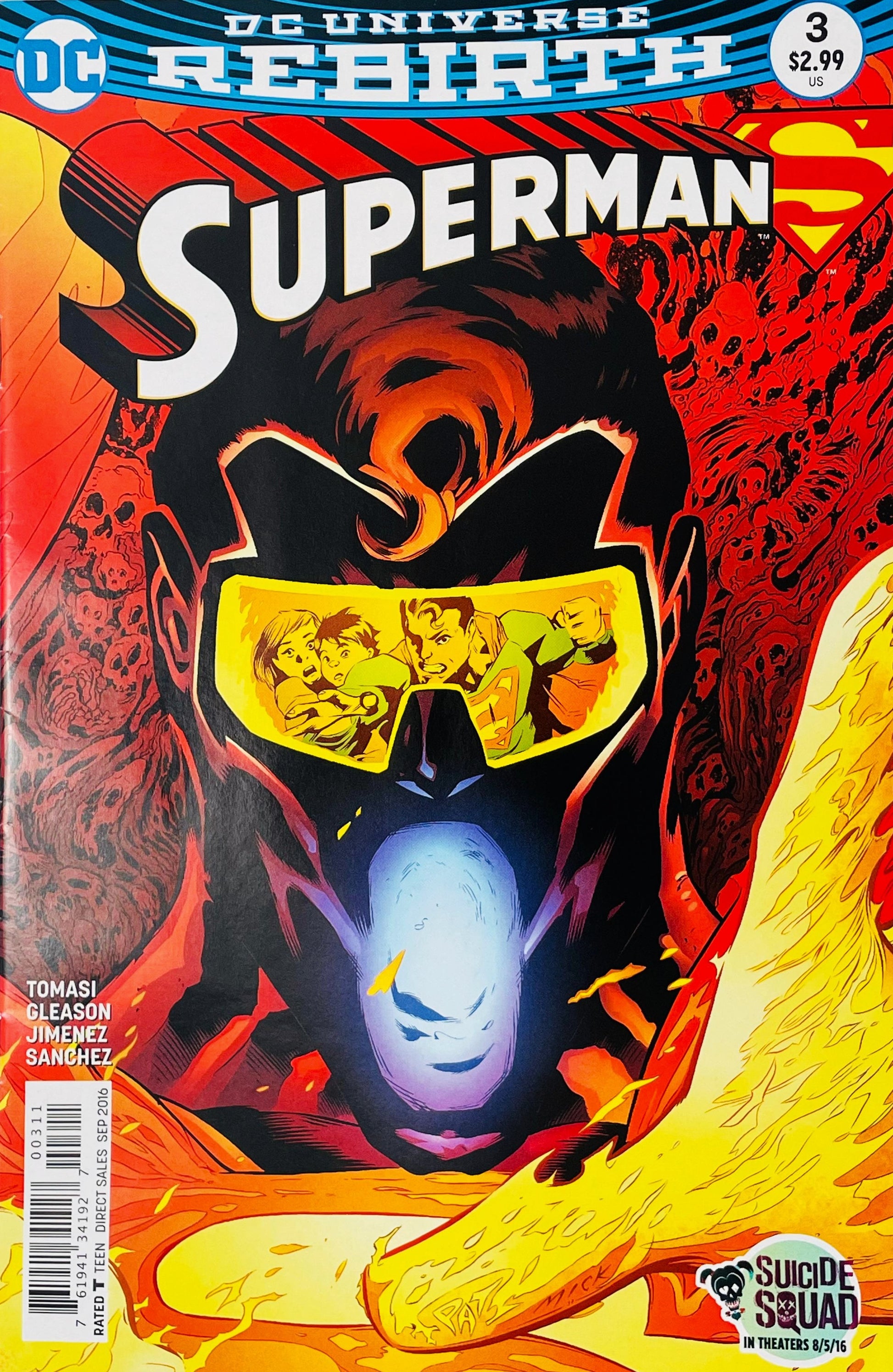 Superman issue 3 cover by Patrick Gleason featuring the Eradicator's face with Superman, Lois Lane, and Jon Kent reflected in his visor.