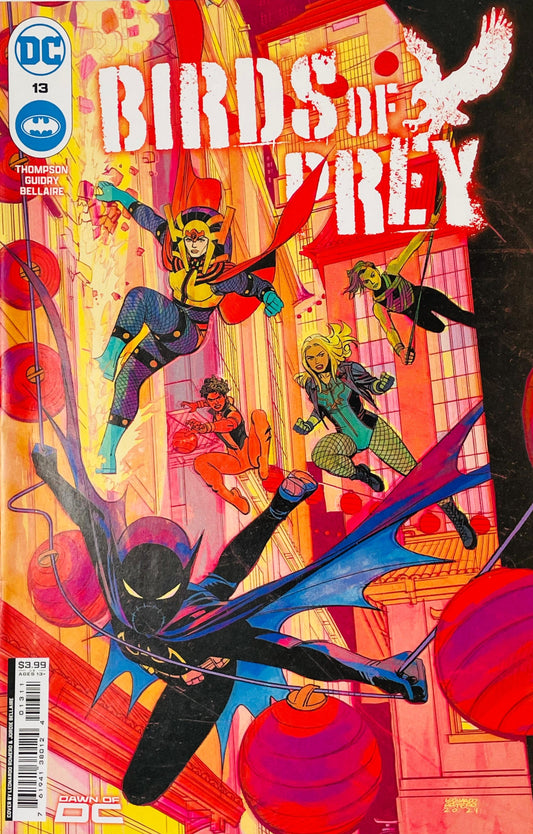 Birds of Prey issue 13 cover by Leonardo Romero showing Cassandra Cain, Black Canary, Big Barda, Zealot, and Vixen swinging past red lanterns.