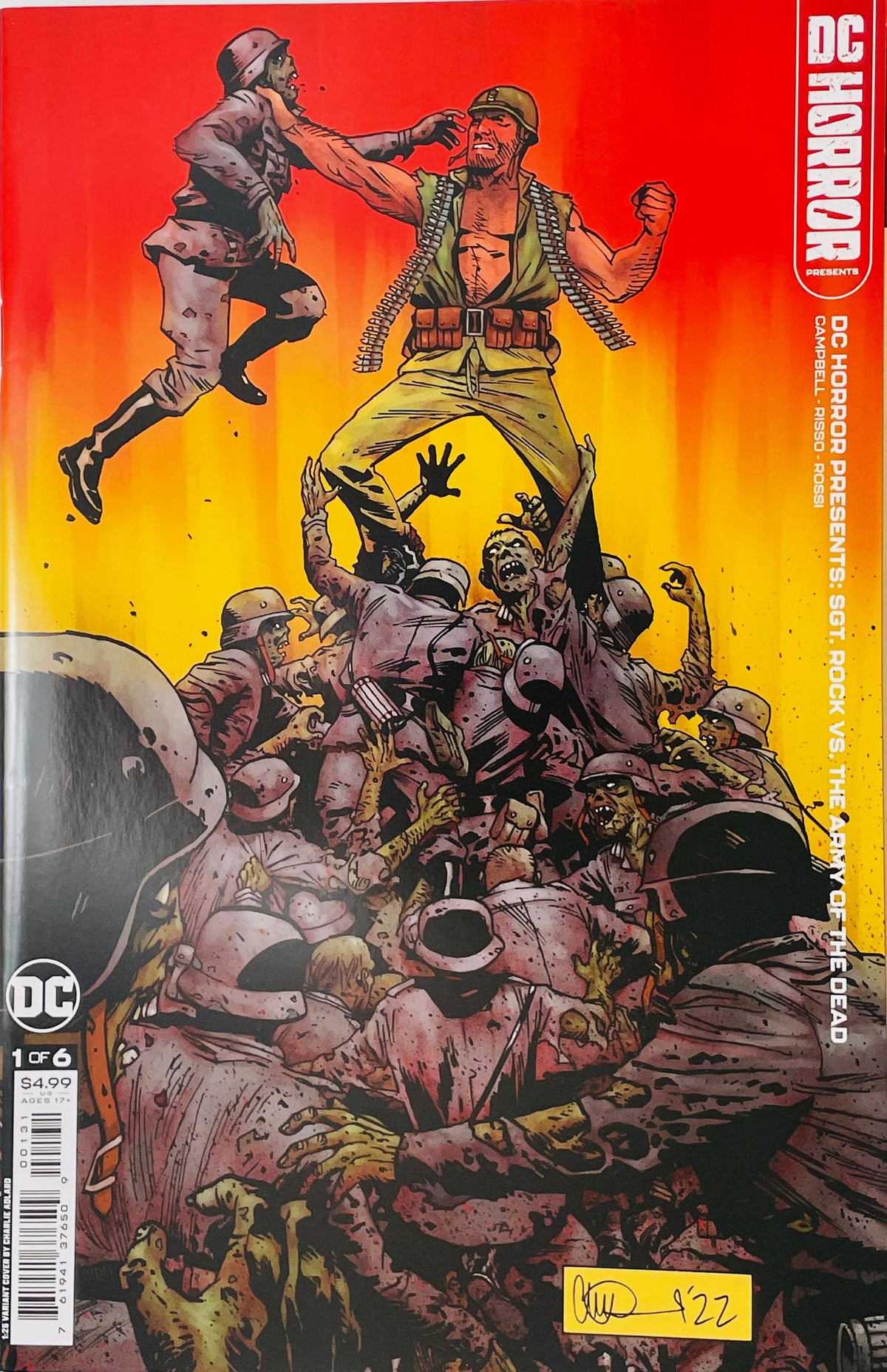 DC Horror Presents Sgt Rock vs The Army of the Dead issue 1 1:25 variant cover by Charlie Adlard showing Sgt Rock atop a pile of Nazi zombies.
