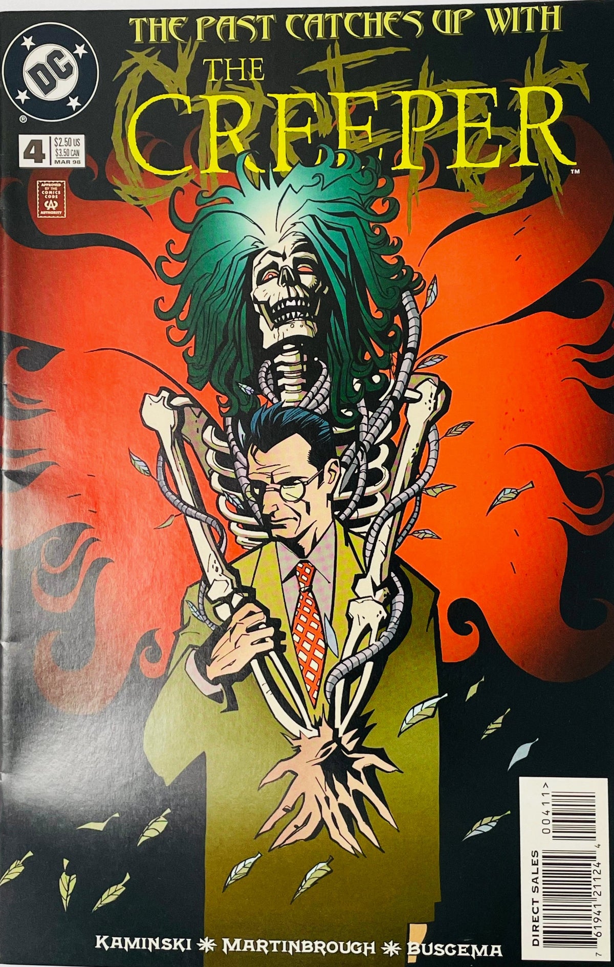 The Creeper issue 4 cover by Shawn Martinbrough showing Jack Ryder in a suit with a skeletal Creeper monster looming behind him against fire.
