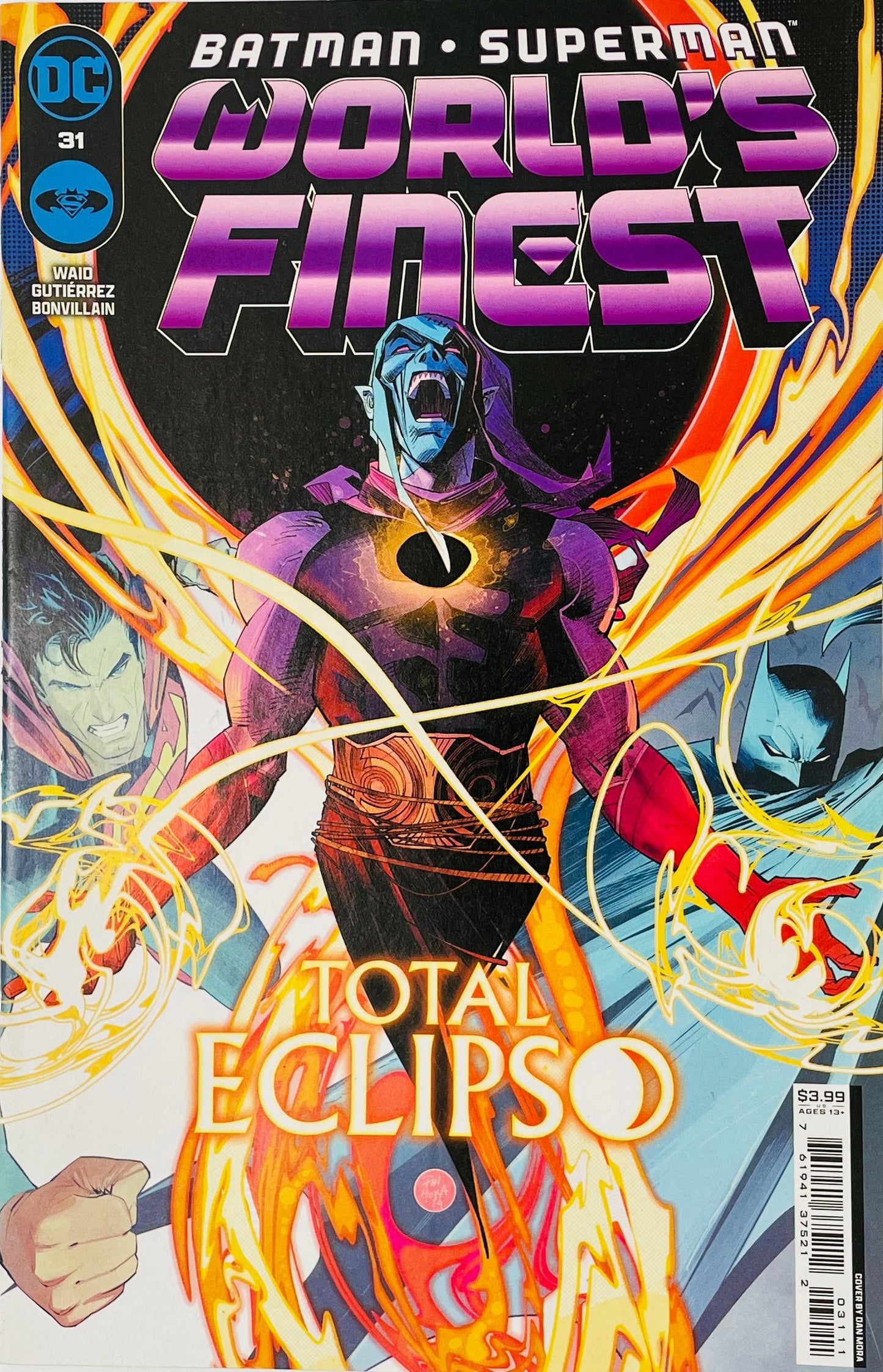 Batman Superman World's Finest issue 31 cover by Dan Mora featuring Eclipso unleashing energy rings with Batman and Superman in the background.