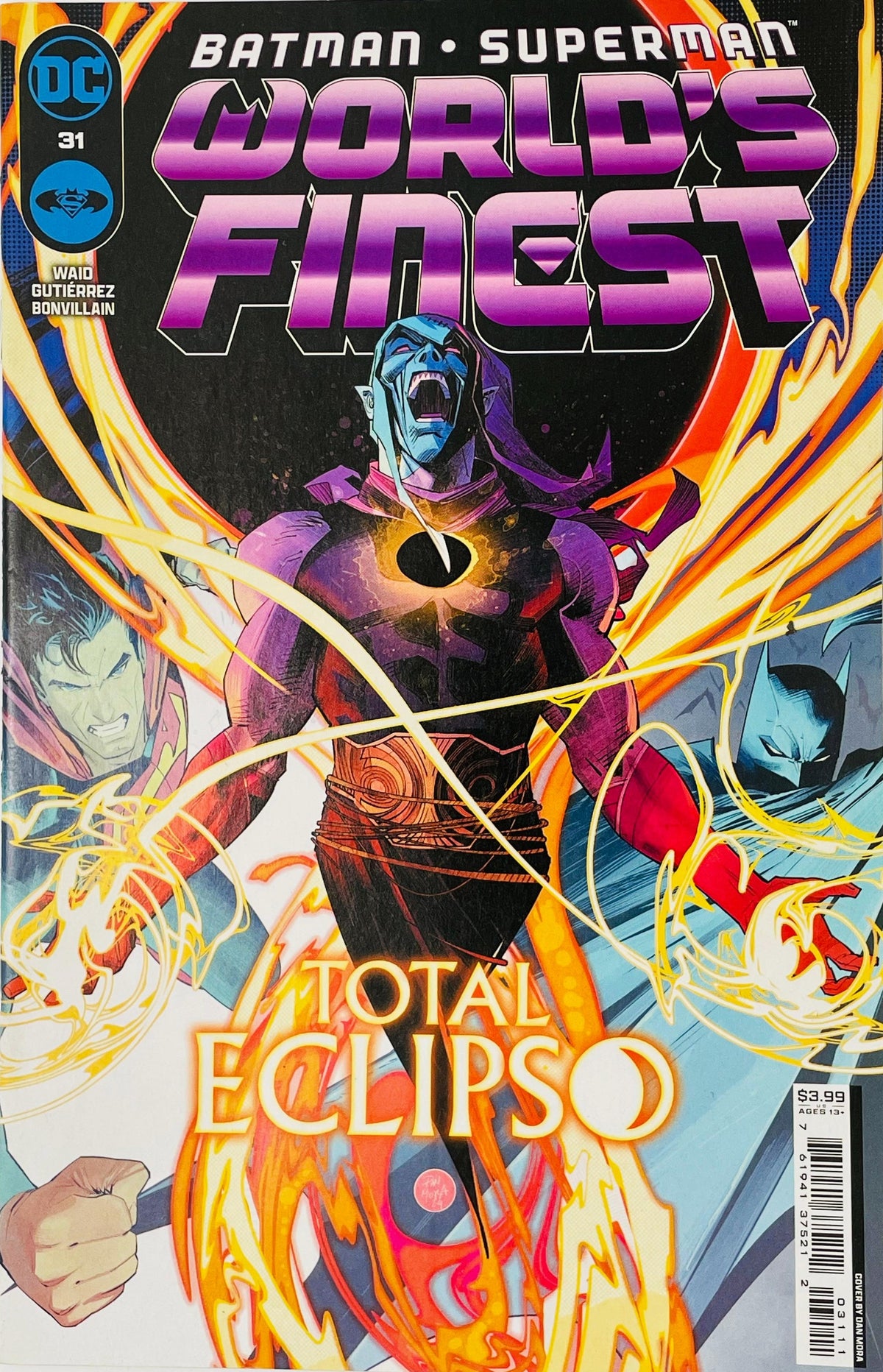 Batman Superman World's Finest issue 31 cover by Dan Mora featuring Eclipso unleashing energy rings with Batman and Superman in the background.