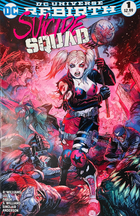 Suicide Squad issue 1 cover by Philip Tan featuring Harley Quinn holding a giant mallet amidst her fallen teammates in rubble.