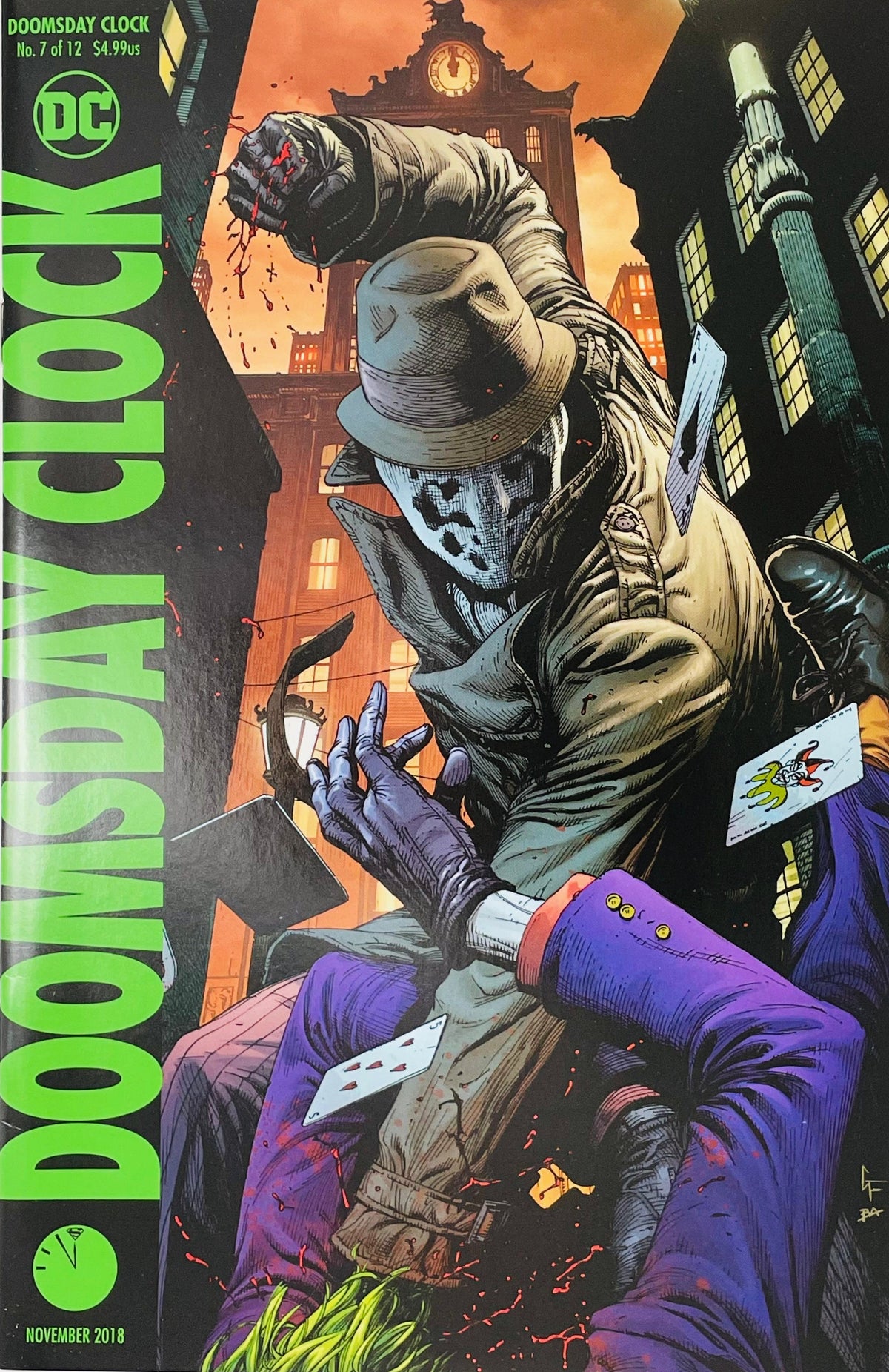 Doomsday Clock issue 7 cover by Gary Frank showing Rorschach punching The Joker in a Gotham alley with playing cards flying in the air.