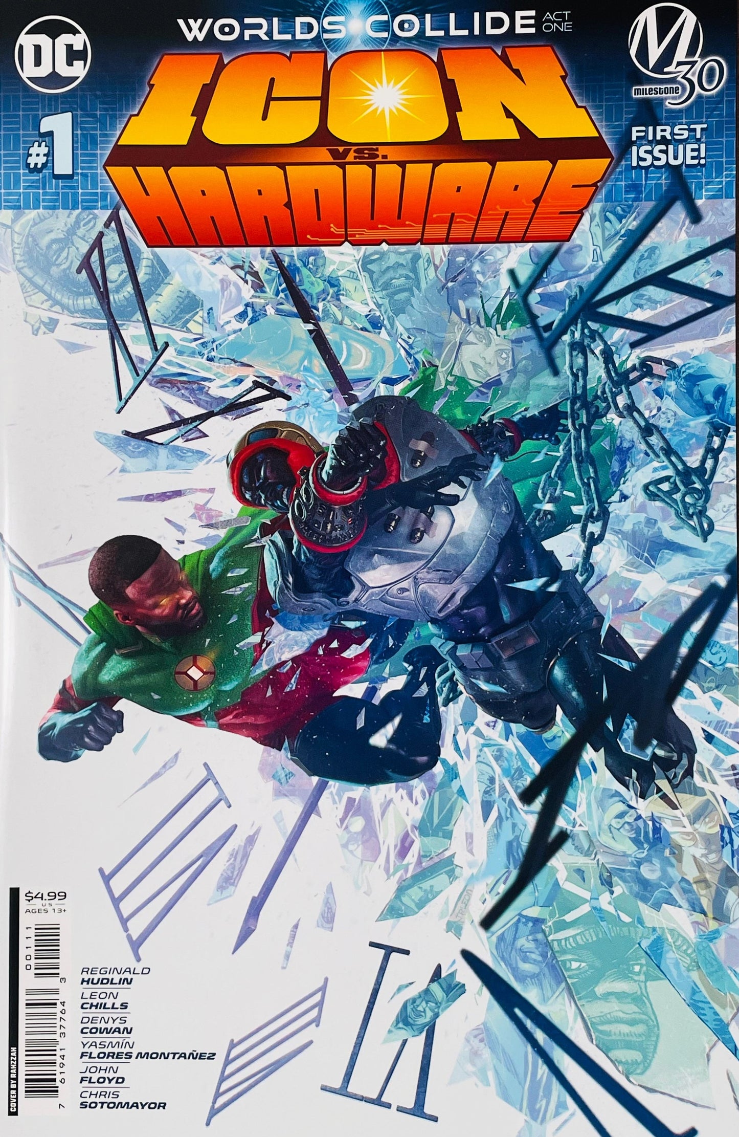 Icon vs Hardware issue 1 cover by Rahzzah showing Icon and Hardware crashing through shattered glass and broken clock gears.