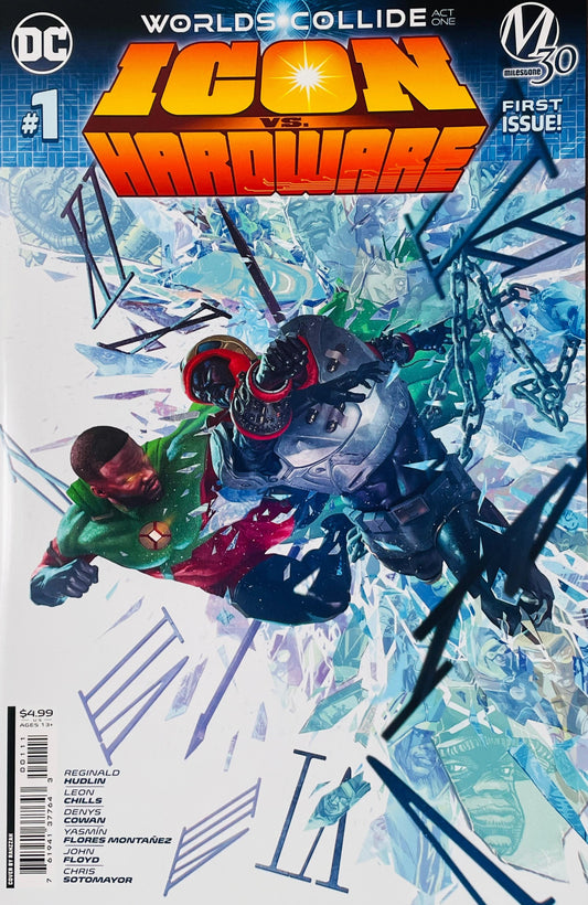Icon vs Hardware issue 1 cover by Rahzzah showing Icon and Hardware crashing through shattered glass and broken clock gears.