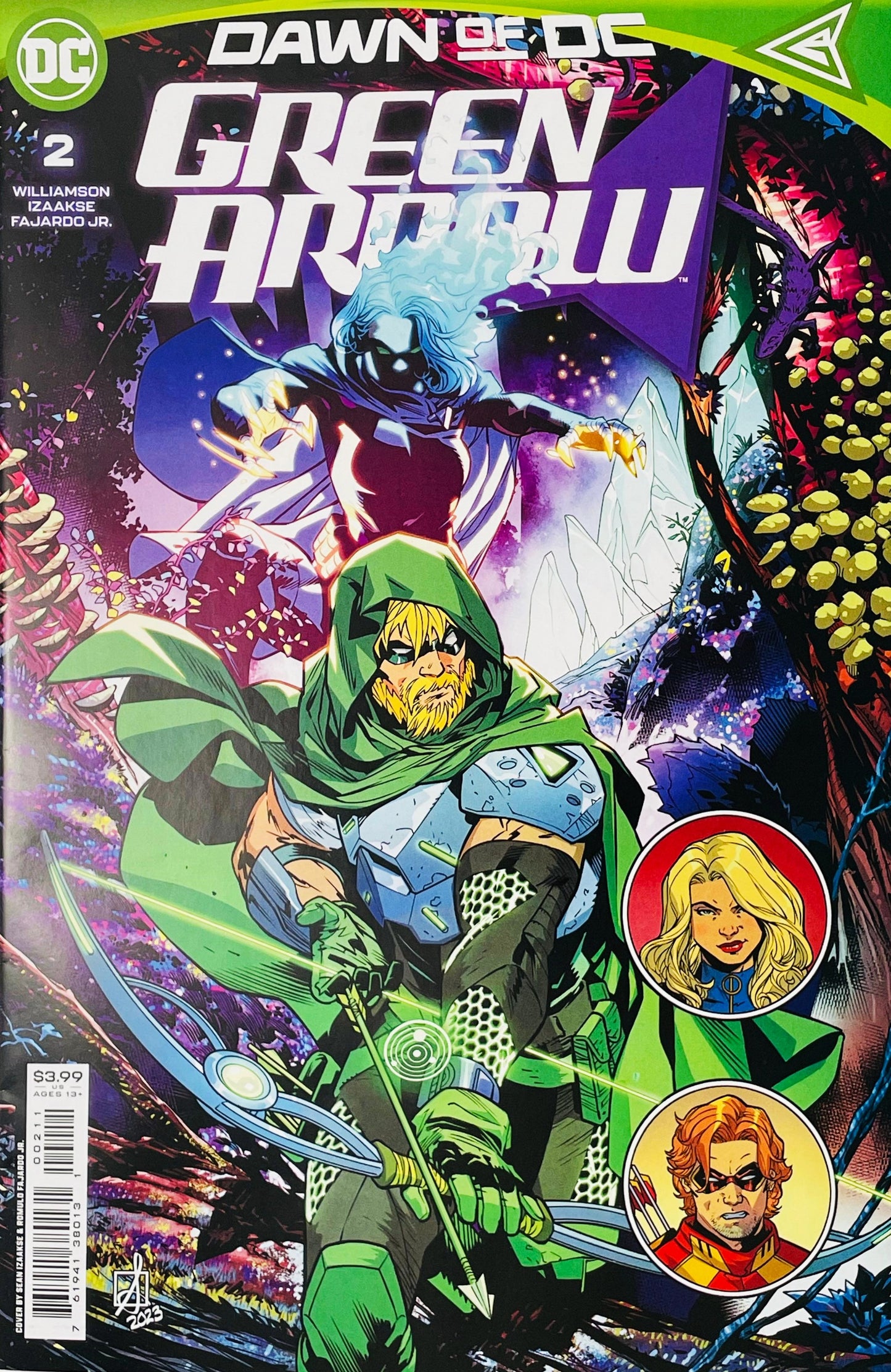 Green Arrow issue 2 cover by Sean Izaakse showing a hooded Oliver Queen drawing a futuristic bow with an alien figure behind him.