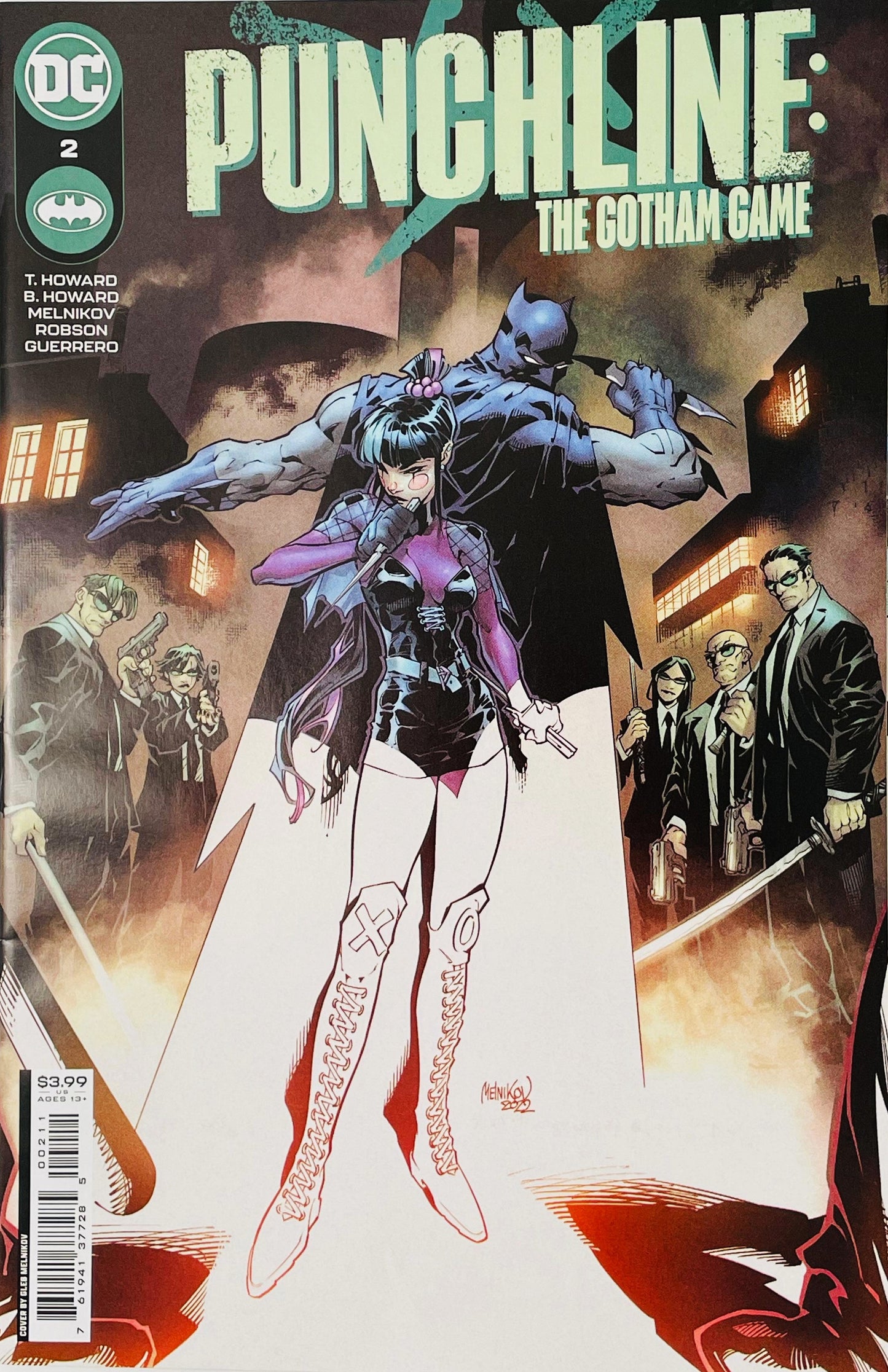 Punchline The Gotham Game issue 2 cover by Gleb Melnikov showing Punchline holding daggers inside Batman's shadow with armed mobsters flanking them.