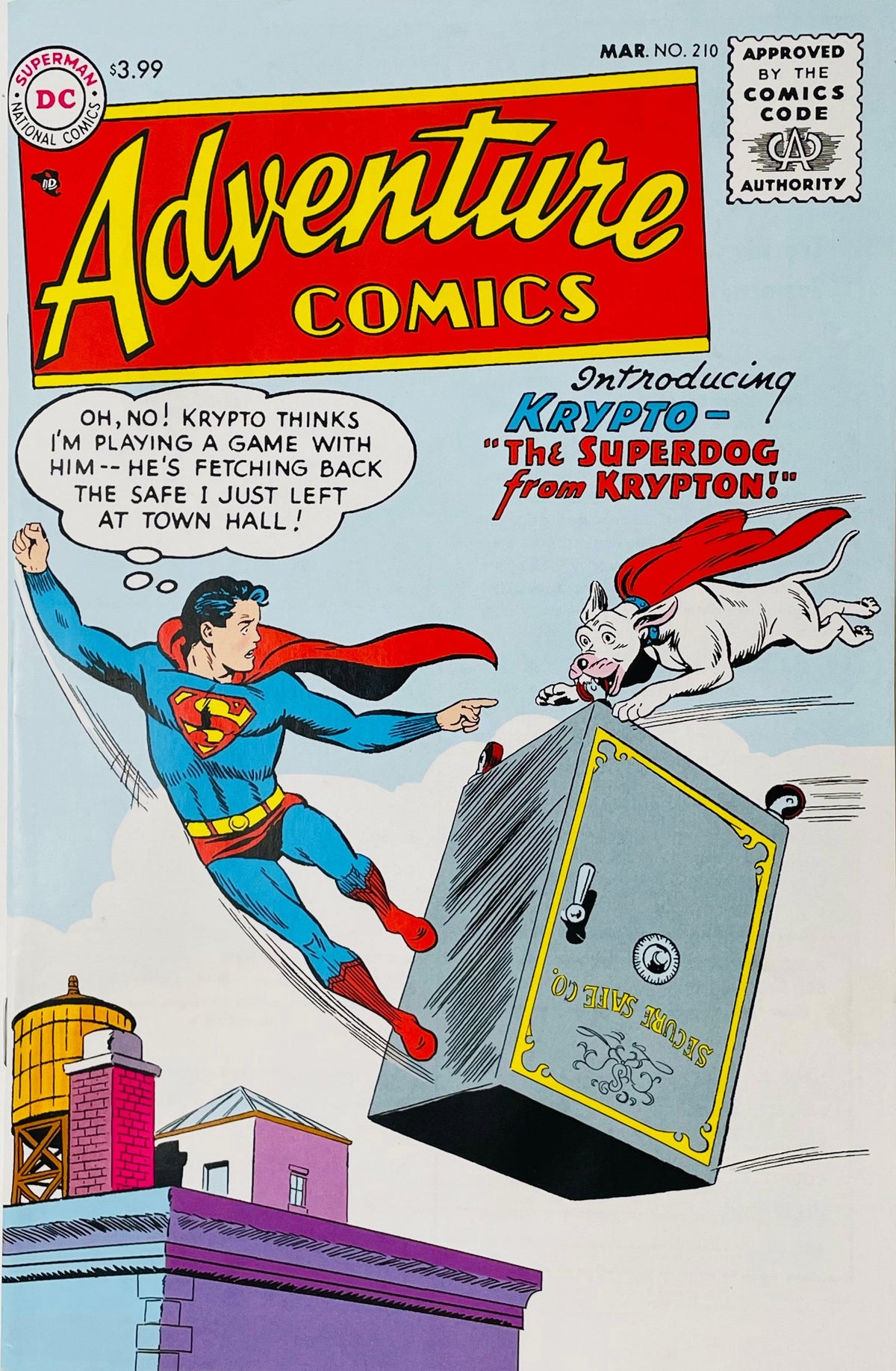Adventure Comics issue 210 facsimile cover by Curt Swan showing Superboy chasing Krypto the Superdog who is fetching a massive safe.