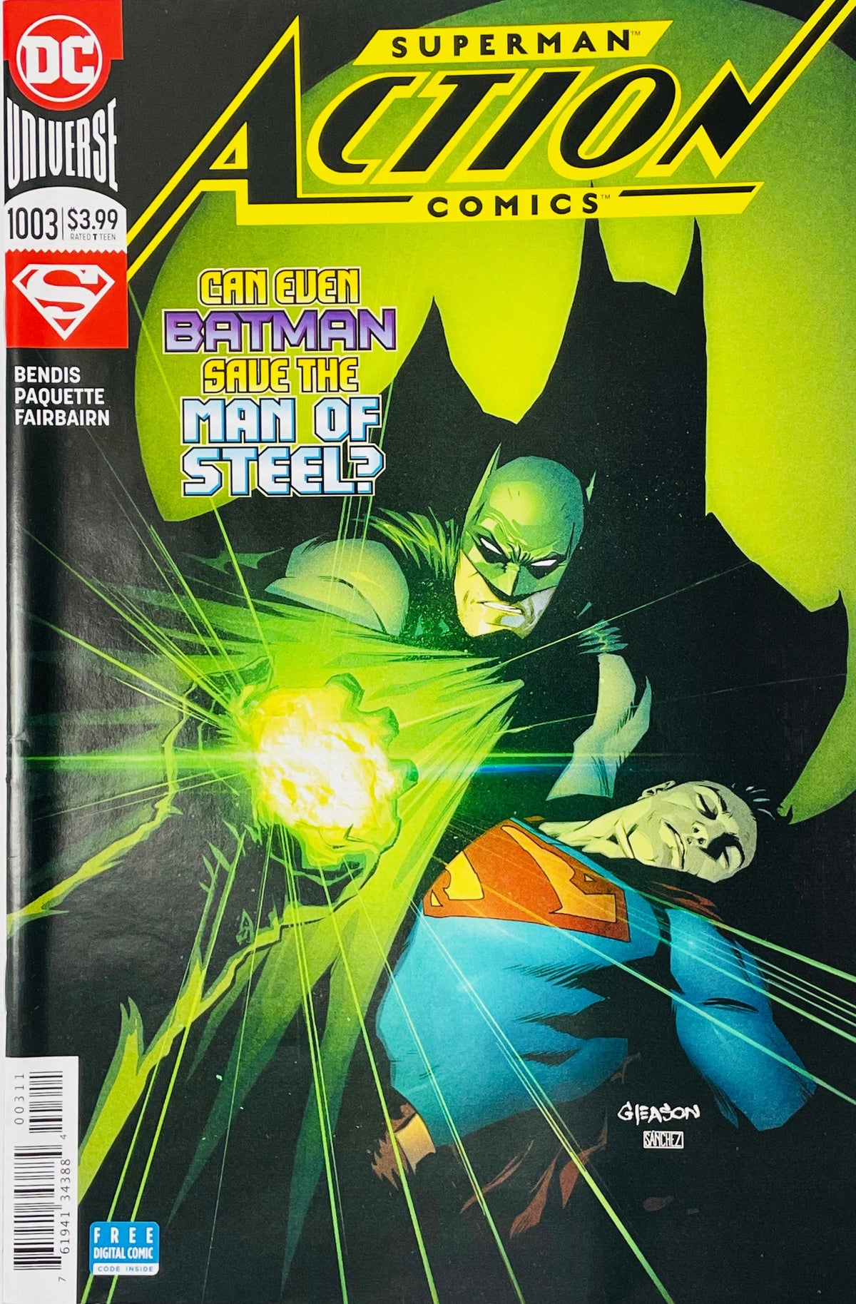 Action Comics issue 1003 cover by Patrick Gleason featuring Batman holding a glowing Kryptonite ring over an unconscious Superman.