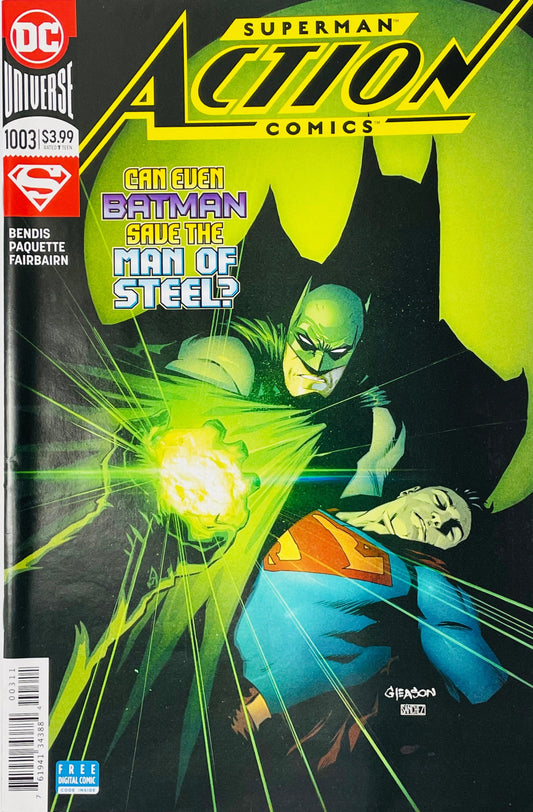 Action Comics issue 1003 cover by Patrick Gleason featuring Batman holding a glowing Kryptonite ring over an unconscious Superman.