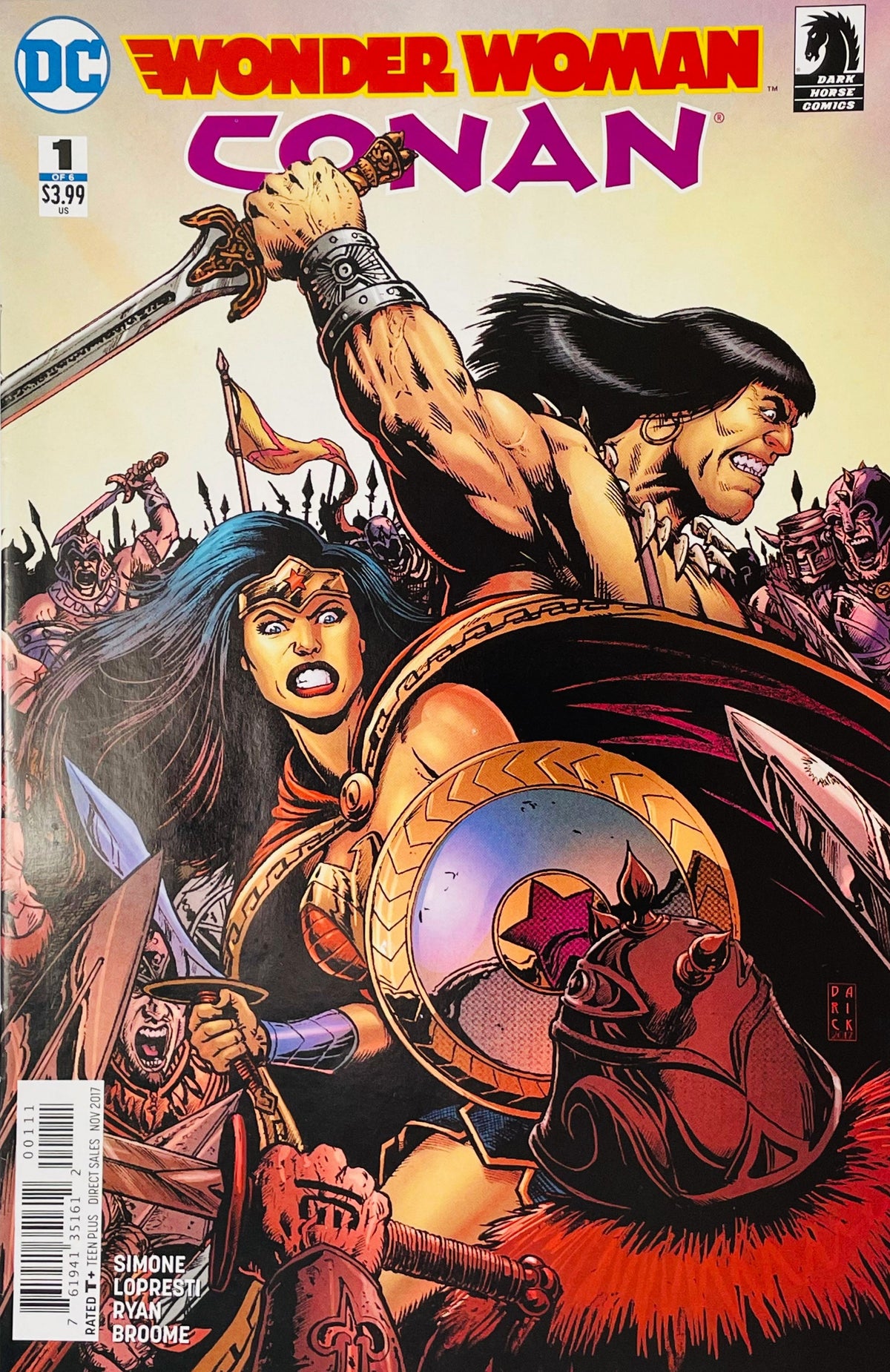 Wonder Woman Conan issue 1 cover by Darick Robertson showing Wonder Woman with shield and Conan brandishing a sword back to back in battle.