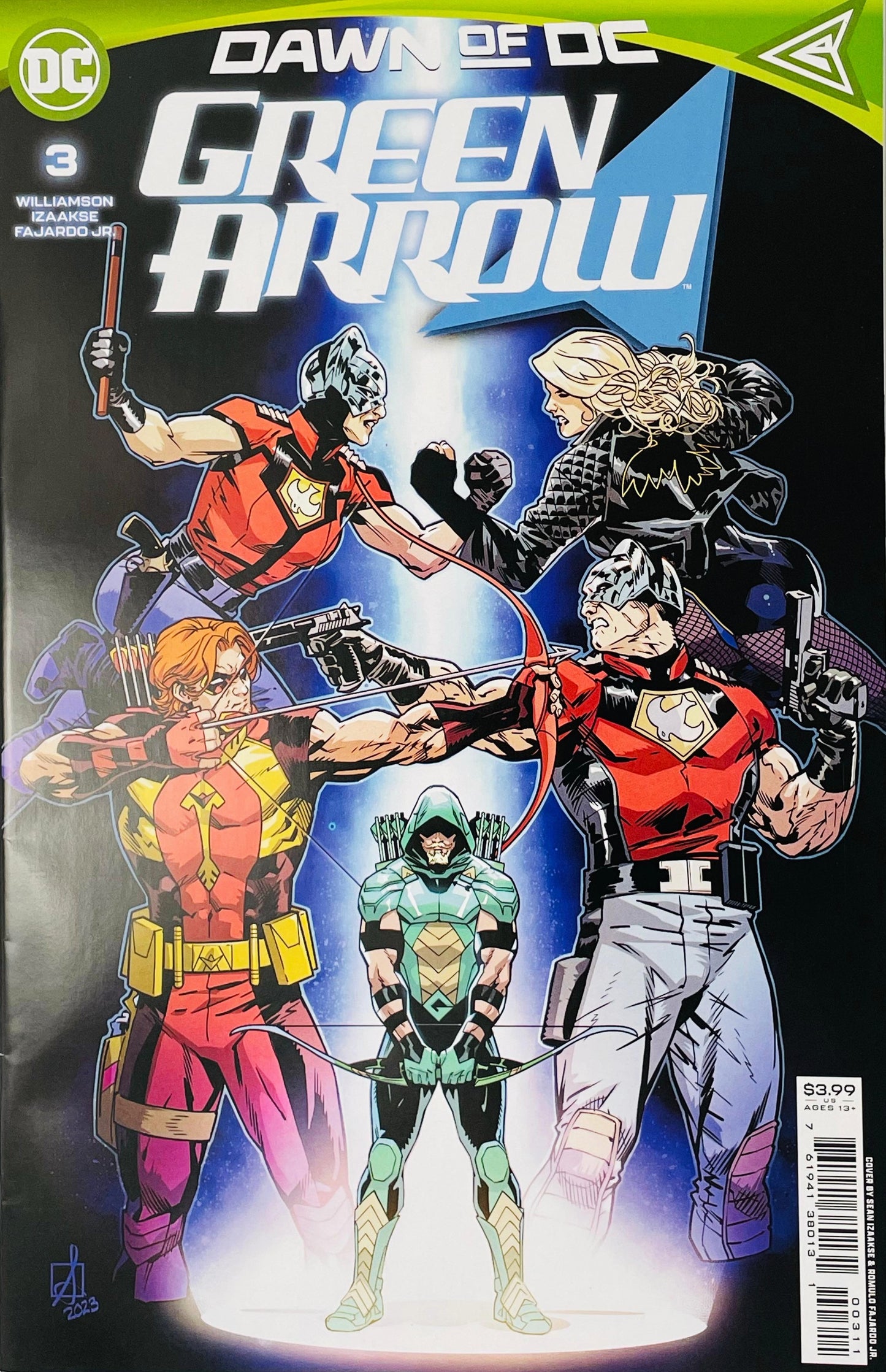 Green Arrow issue 3 cover by Sean Izaakse showing Arsenal aiming a bow at Peacemaker and Black Canary facing Peacewrecker with Green Arrow between them.