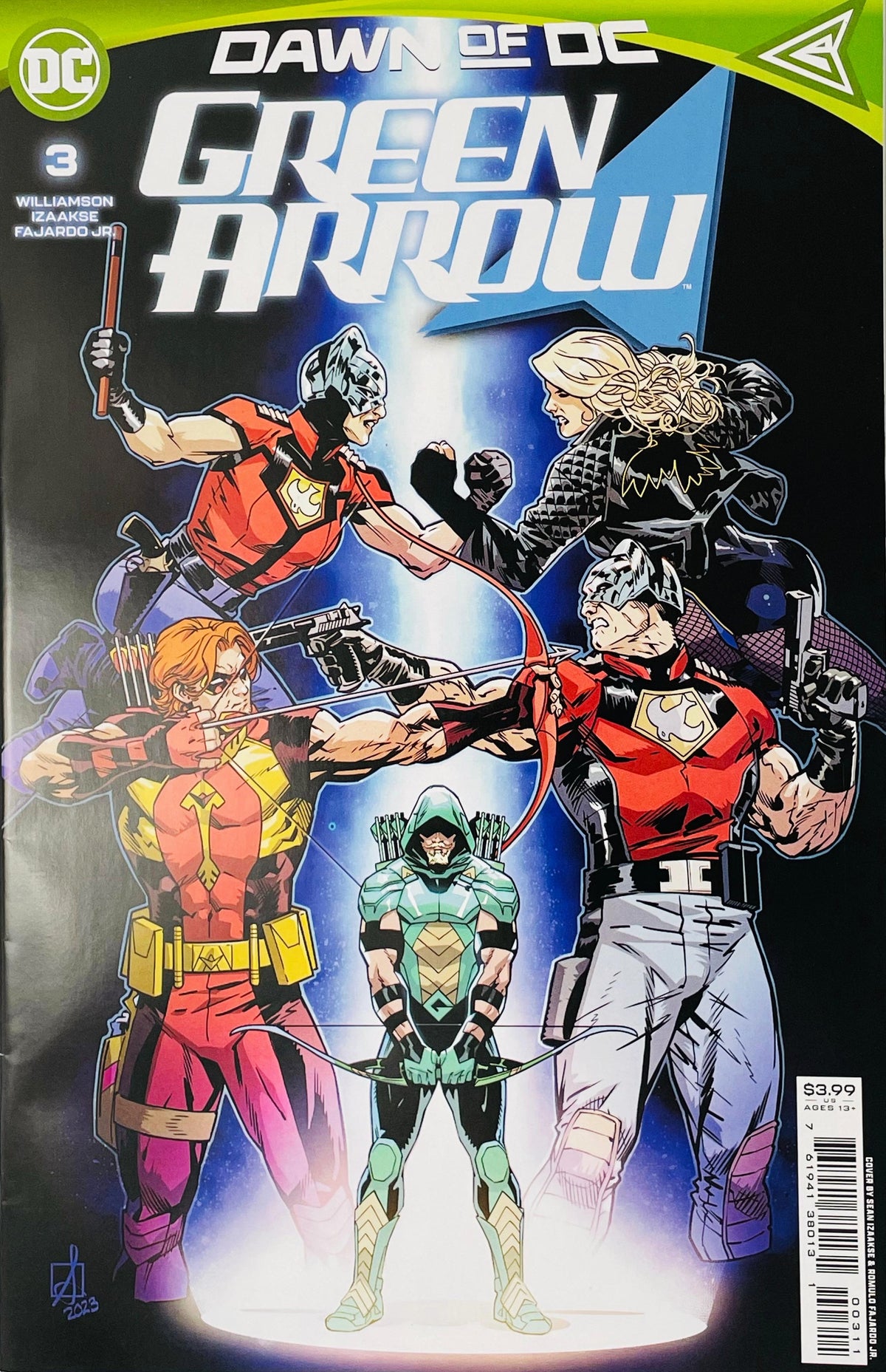 Green Arrow issue 3 cover by Sean Izaakse showing Arsenal aiming a bow at Peacemaker and Black Canary facing Peacewrecker with Green Arrow between them.