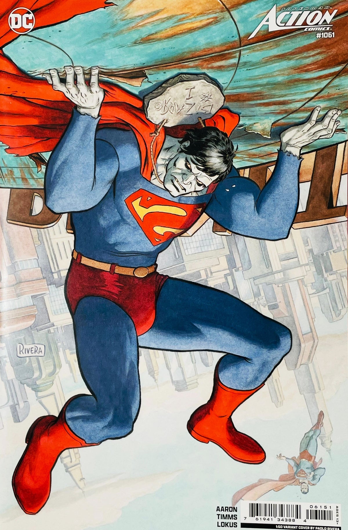 Action Comics issue 1061 1:50 variant cover by Paolo Rivera showing Bizarro holding up the Daily Planet globe with upside down city background.