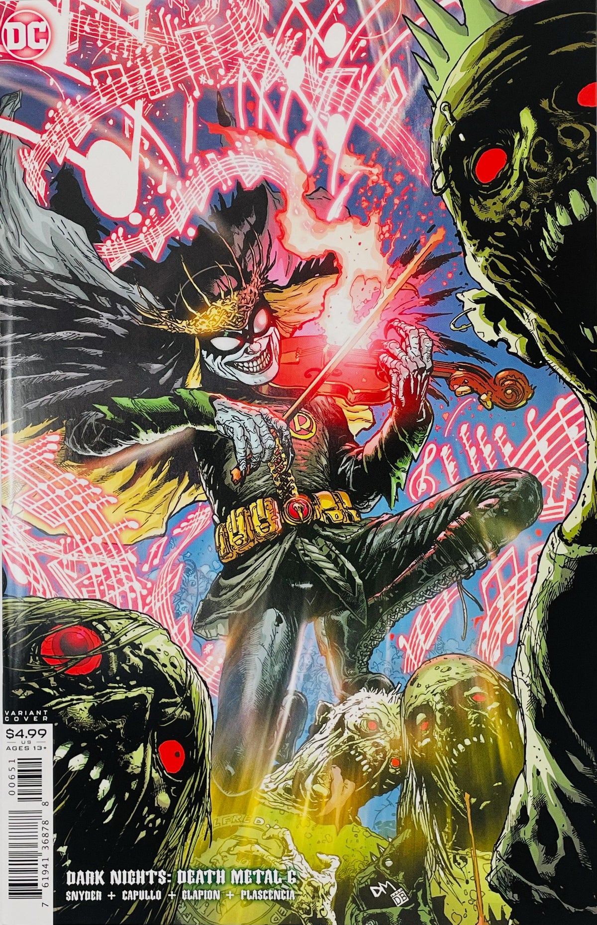Dark Nights Death Metal issue 6 variant cover by David Finch showing the Robin King playing a violin with a fiery bow surrounded by red eyed zombie monsters.